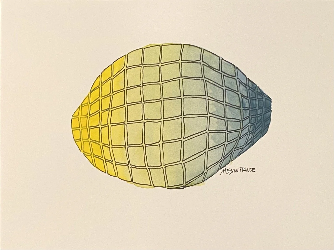 Image of Megan Prince's Love Painting Number 85. yellow to drab green varigation over a gridded orb shape.
