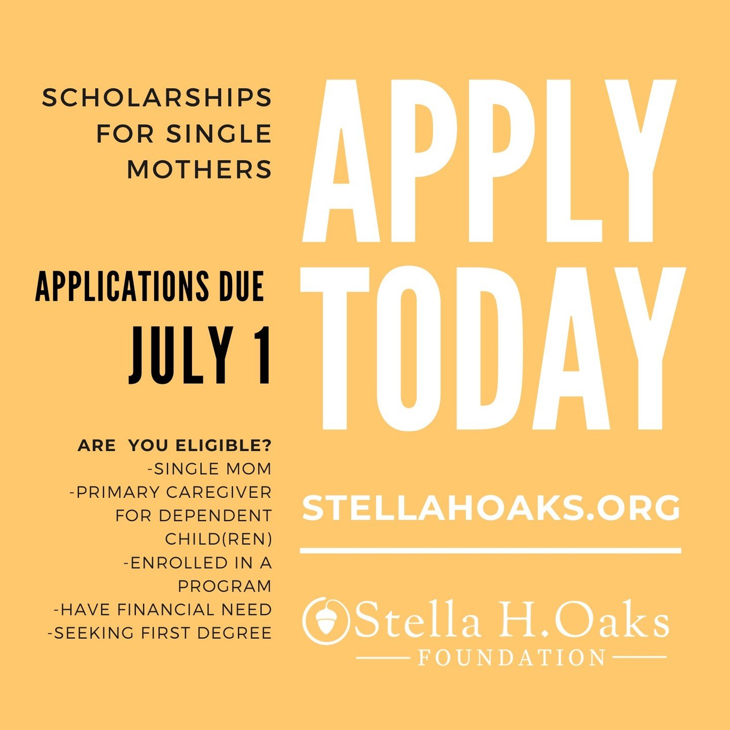 Single mom? Attending school?

Apply today for a Stella H. Oaks Scholarship for Single Moms!

stellahoaks.org/apply

#scholarships 
#singlemoms