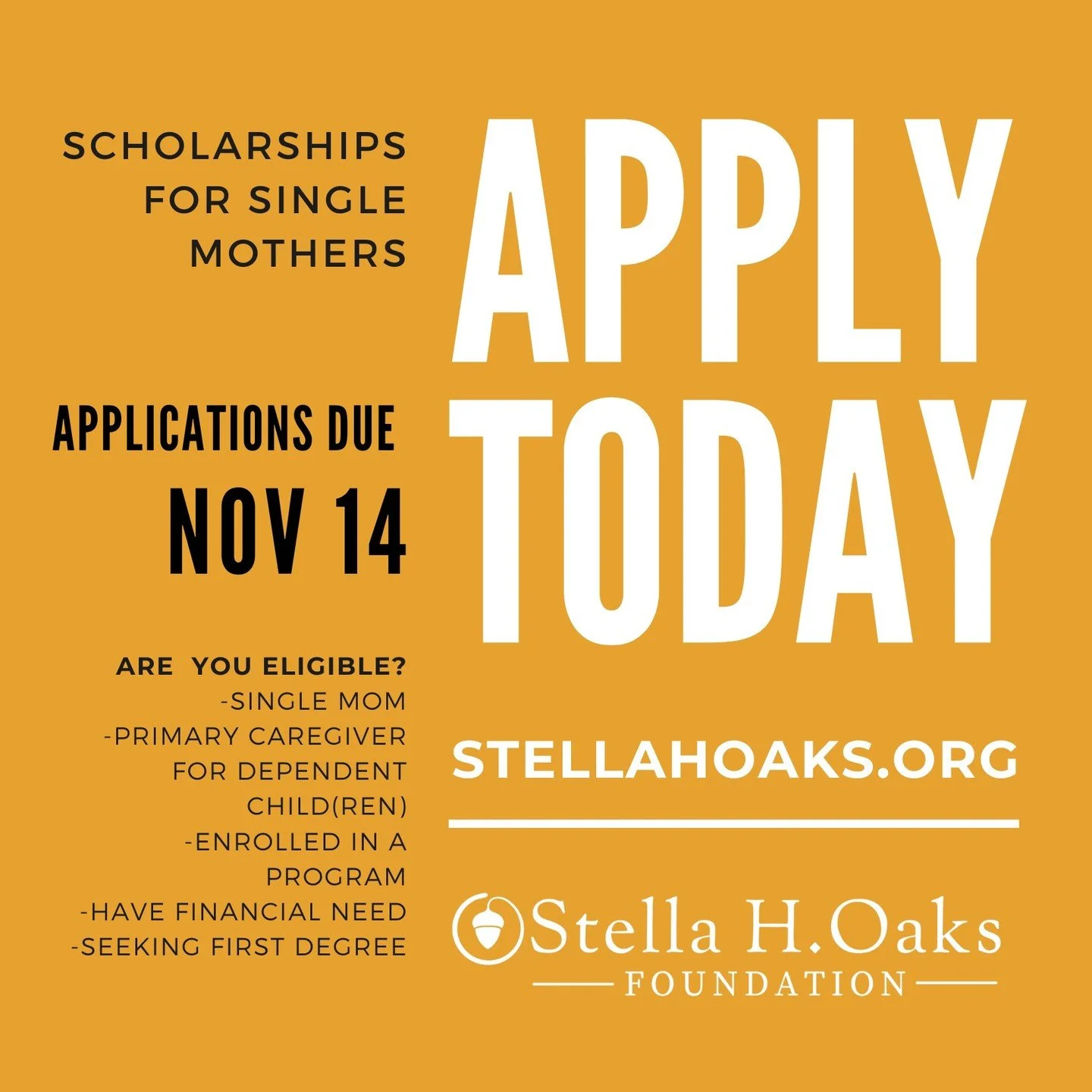 There is still time to apply for a single mother scholarship! Find out more today stellahoaks.org/apply

#singlemom 
#scholarships
