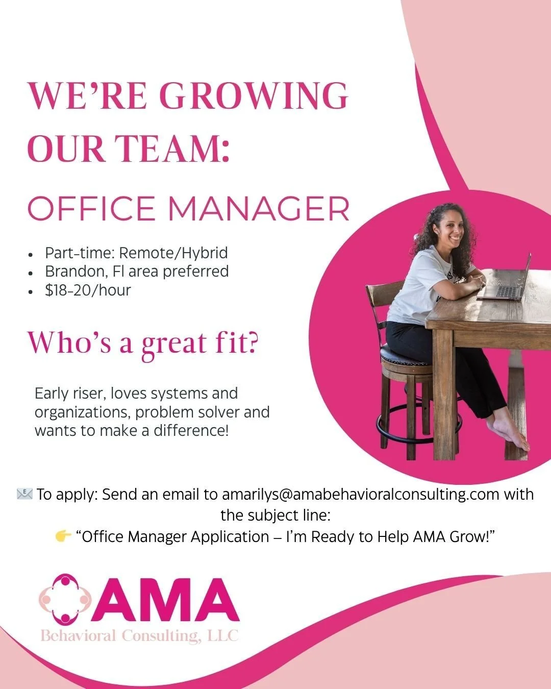 🌟 We’re Hiring! 🌟
AMA Behavioral Consulting is looking for a Part-Time Office Manager to join our growing team!
💼 What you’ll do:
Manage emails, schedules & team updates
Handle morning call-outs (7–9am) + afternoon changes