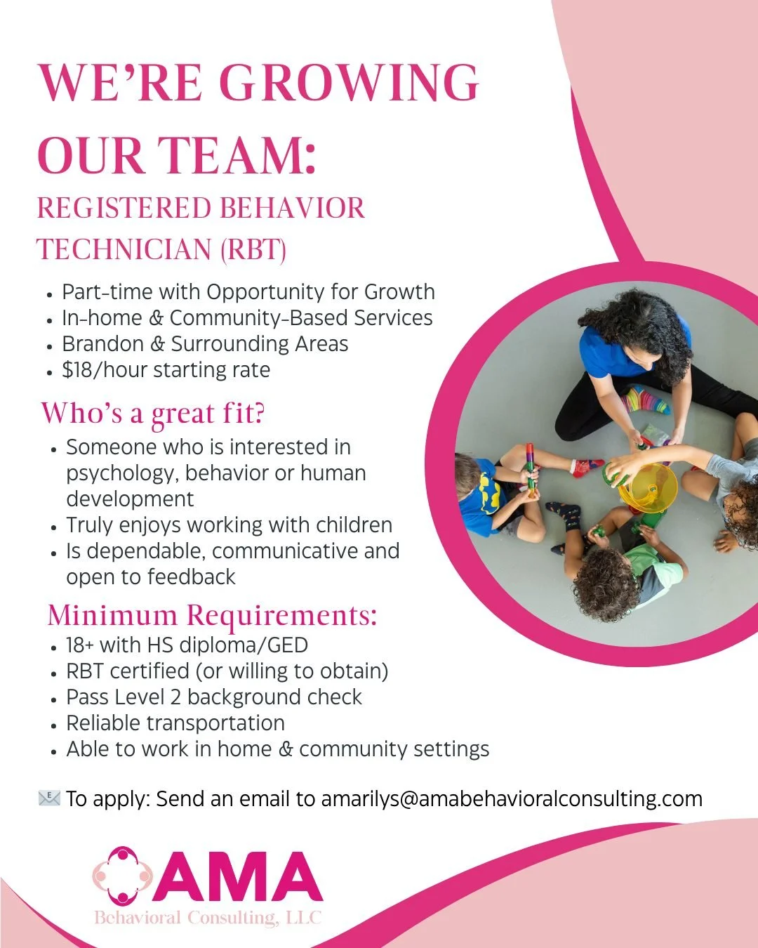 🌟 Join Our Team: Make a Difference in the Lives of Special Needs Families! 🌟
📧 Apply here: https://forms.gle/qgNFWKAnbpeH9Wt46

AMA Behavioral Consulting is hiring Registered Behavior Technicians (RBTs) to join our in-home and community-based ABA 