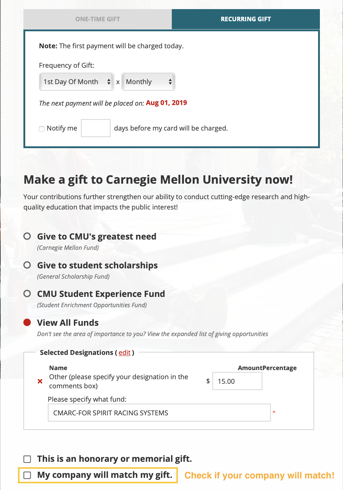 How to Donate via CMU’s website