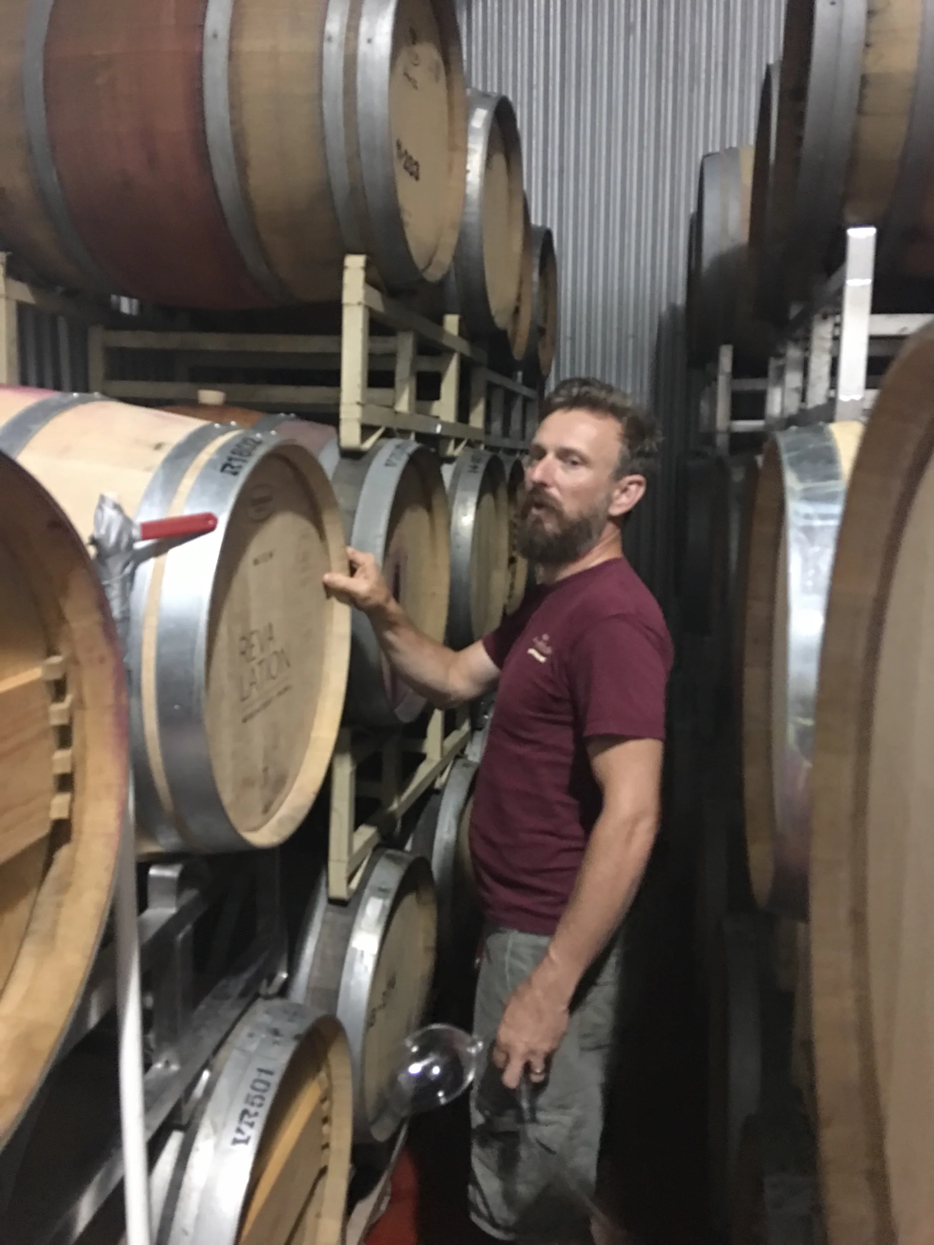 Winemaker Matthieu Finot locating the single barrel of Mount Alto Vineyards 2018 red amongst his sea of wine.