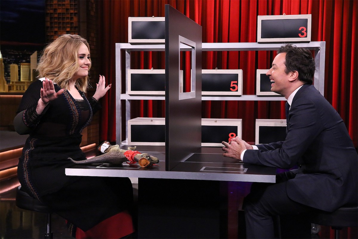 adele and Jimmy Fallon face off in “Box of Lies,” one of the games that inspired this date night kit. Photo Credit: NBc / Fair USe.
