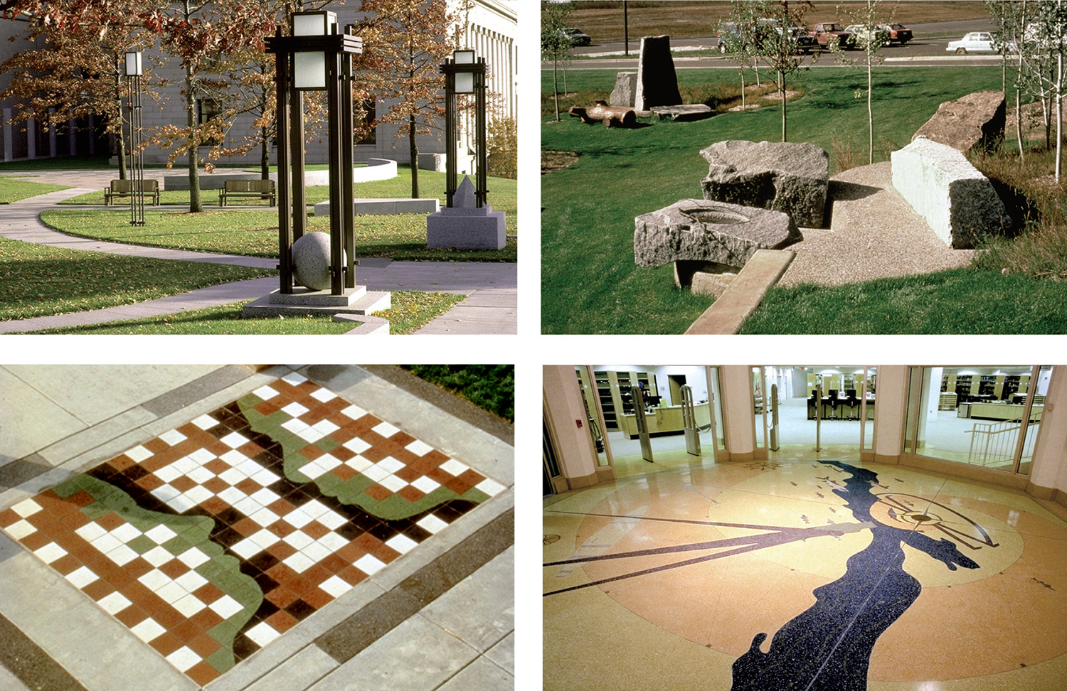 Clockwise from top left: Minnesota East Capitol Plaza, Richard Fleischner; Cambridge (Minnesota) Community and Technical College, Kinji Akagawa; Library at Winona (Minnesota) State University, Brad Kaspari and Carolyn Braaksma; and Minnesota History Center, Saint Paul, Andrew Leicester.
