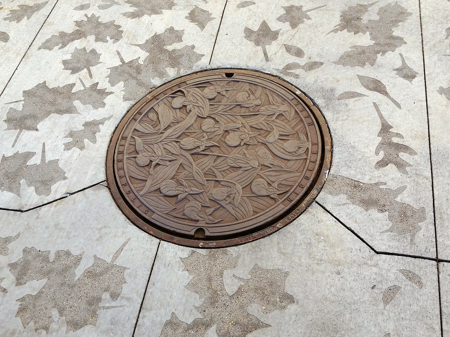 One of three sandblasted pavement patterns by JCFO with Ladyslipper manhole cover by Kate Burke. Photo: Mary Altman.