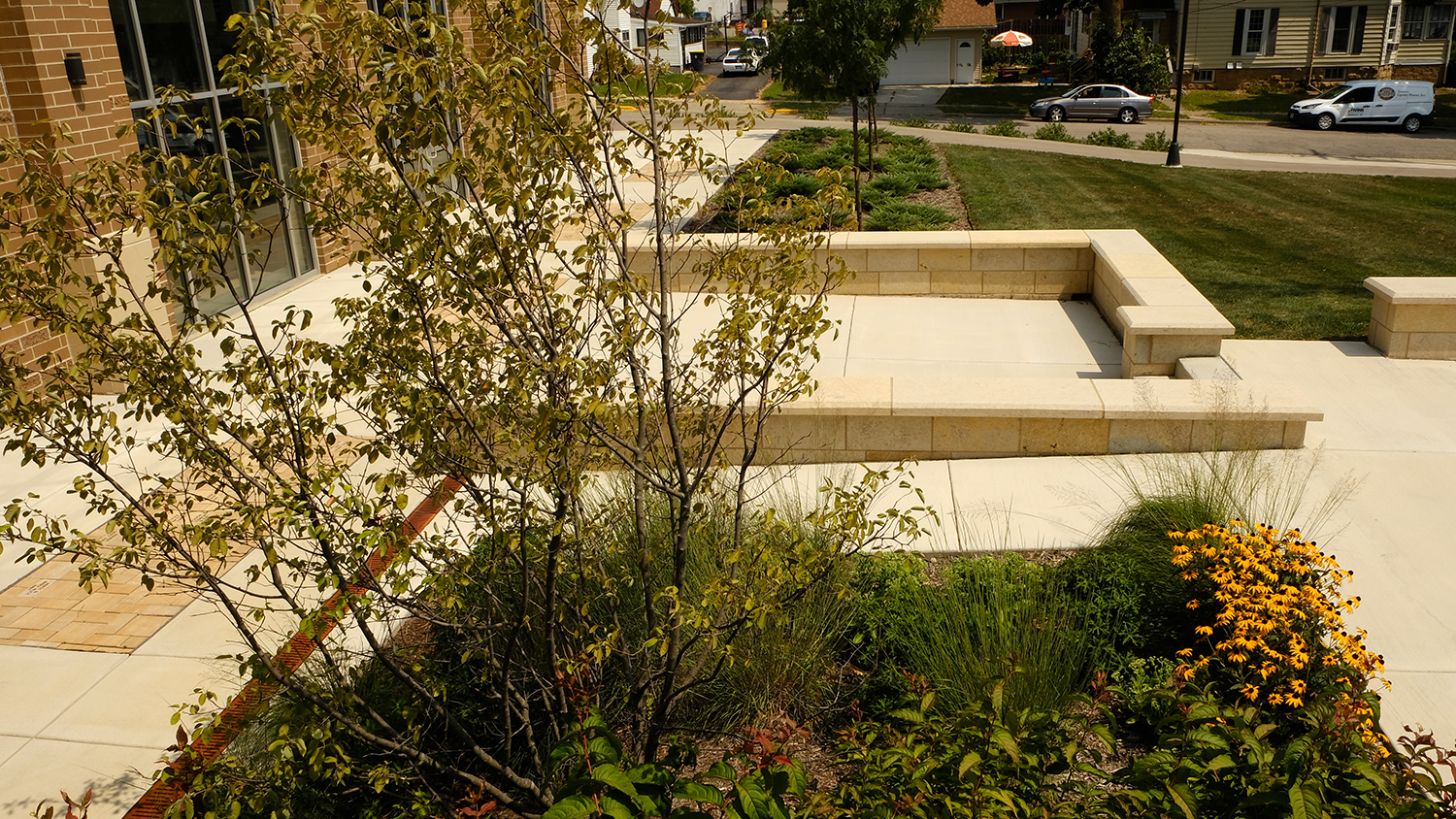Monroe (WI) Arts Center landscape August 2018, one-year after installation