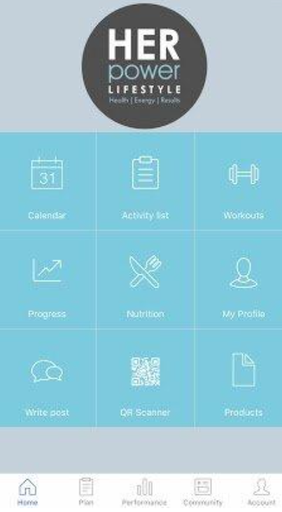 Mobile app interface titled 'HER Power Lifestyle' with sections for Calendar, Activity list, Workouts, Progress, Nutrition, My Profile, Write post, QR Scanner, and Products, and navigation icons at the bottom for Home, Plan, Performance, Community, and About.