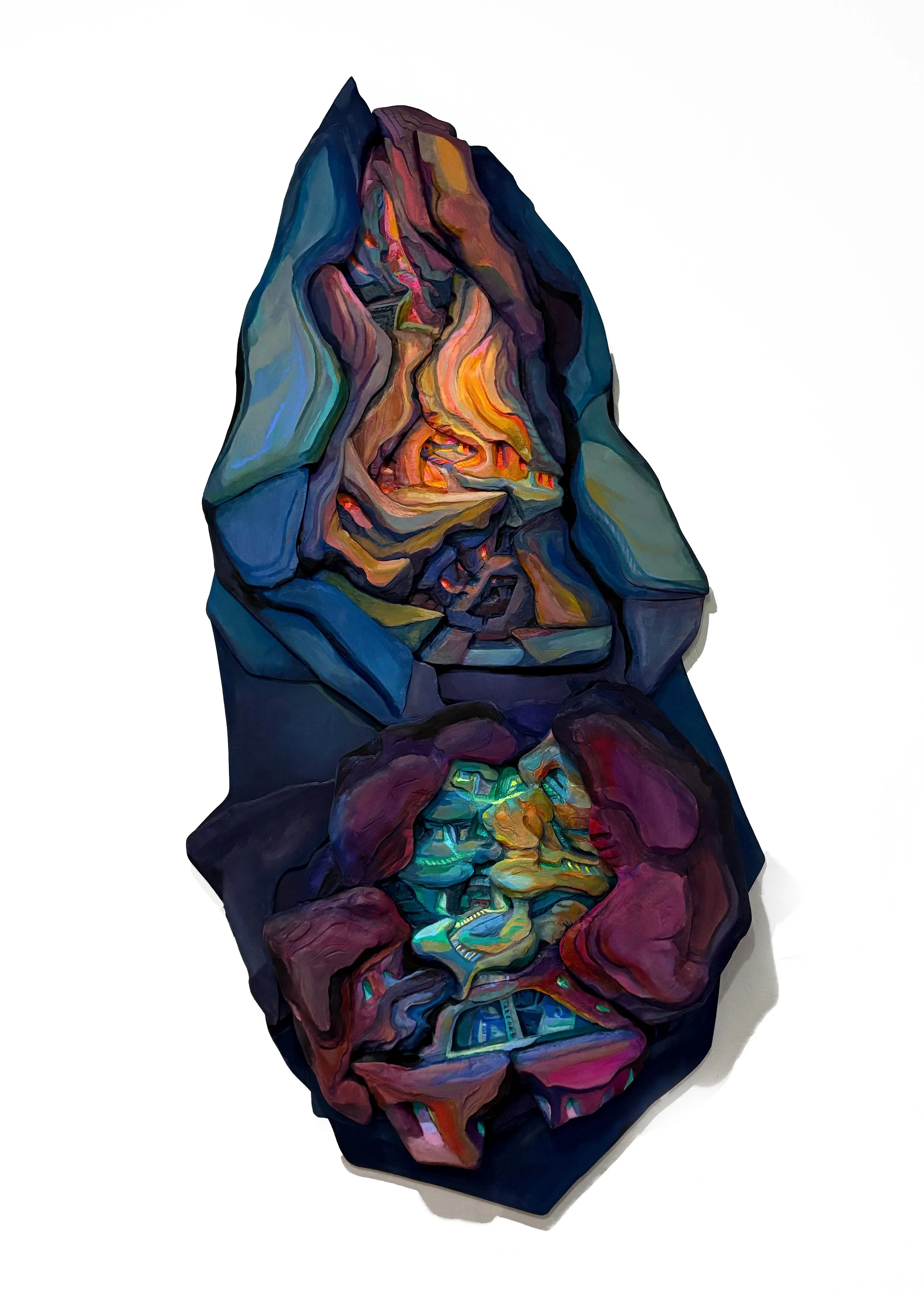 Twin Cavern, carved and layered wood, Flashe paint, 56"x27"x5"