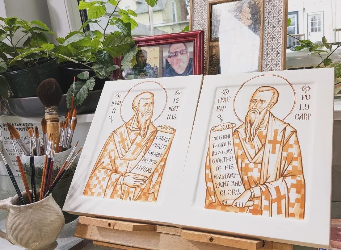 Saints Ignatius and Polycarp on the easel!
.
.
.
#Orthodox #icon #iconography #OrthodoxChristian #EasternOrthodox #OrthodoxIcon #ByzantineIcon #byzantineiconography #Painting #GoldLeaf #iconographer #WhirledgeIcons #eggtempera
#wip #workinprogress #o