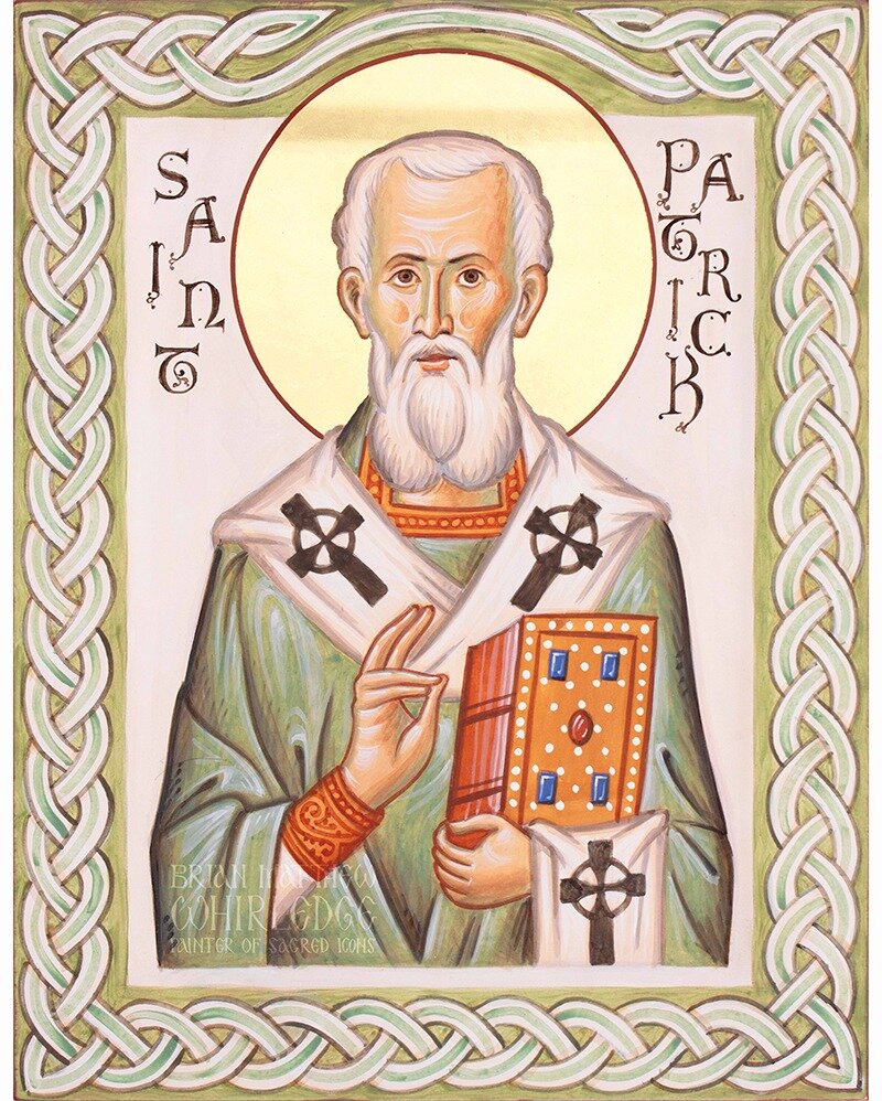 Saint Patrick, Bishop of Armagh and Enlightener of Ireland. Egg tempera and gold on panel. 7x9&quot; 2024.
.
I just completed this comission for a dear friend and fellow parishioner. I referenced historical motifs such as the celtic crosses and knotw