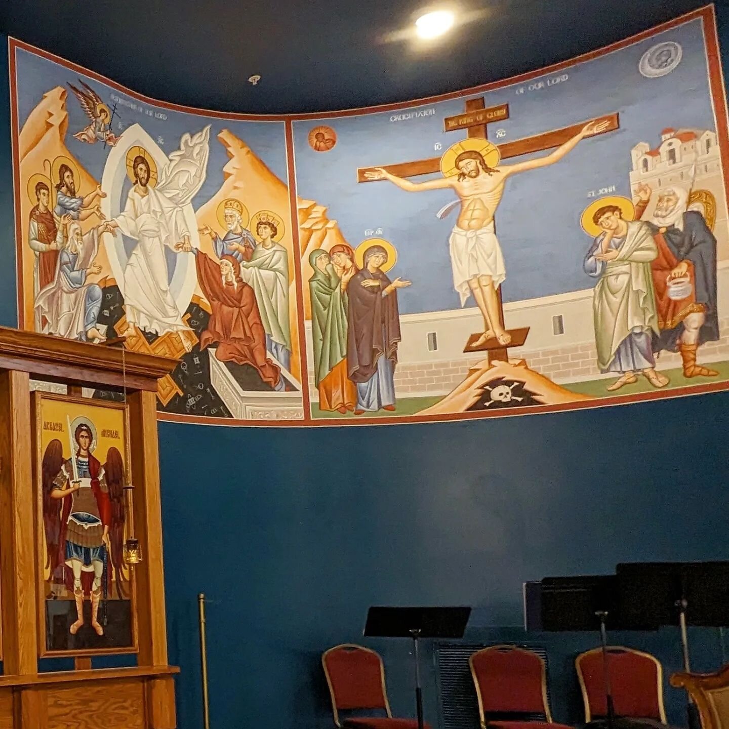 Earlier this week, I installed murals of our Lord's Crucifixion and Resurrection at St. Nicholas Antiochian Orthodox Church in Urbana, Illinois, in anticipation of Orthodox Holy Week and Pascha coming up in just a few weeks.
.
.
.

Prints available f
