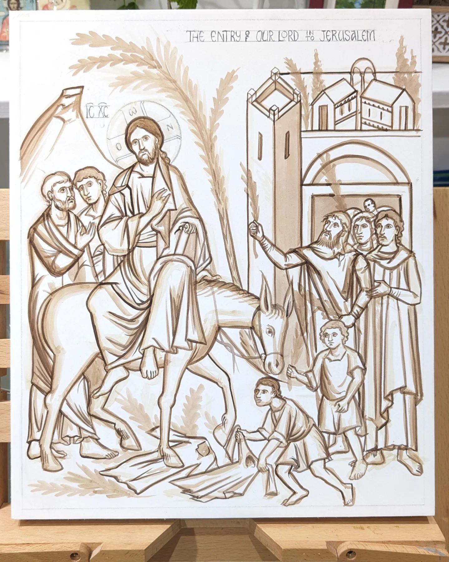 The Lord's Triumphal Entry into Jerusalem (Palm Sunday). Egg tempera on panel. Work in progress.
.
On this day in the Holy Orthodox Church, the Sunday of Palms, we celebrate the radiant and glorious festival of the Entrance of our Lord Jesus Christ i