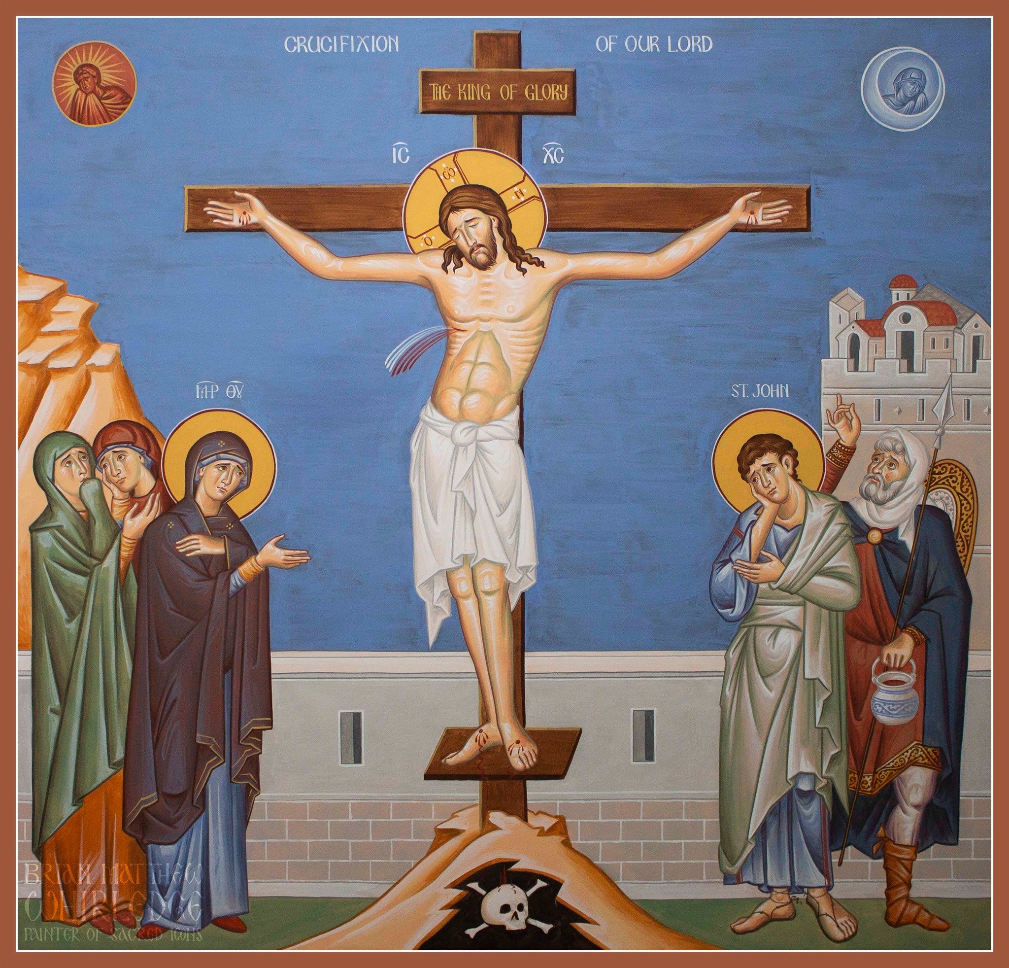 The Crucifixion of Our Lord. Wallpainting at St. Nicholas Antiochian Orthodox Church, Urbana, IL. 2024. 98&quot;x94&quot;
.
Today He who hung the earth upon the waters is hung on a tree.
The King of the angels is decked with a crown of thorns.
He who
