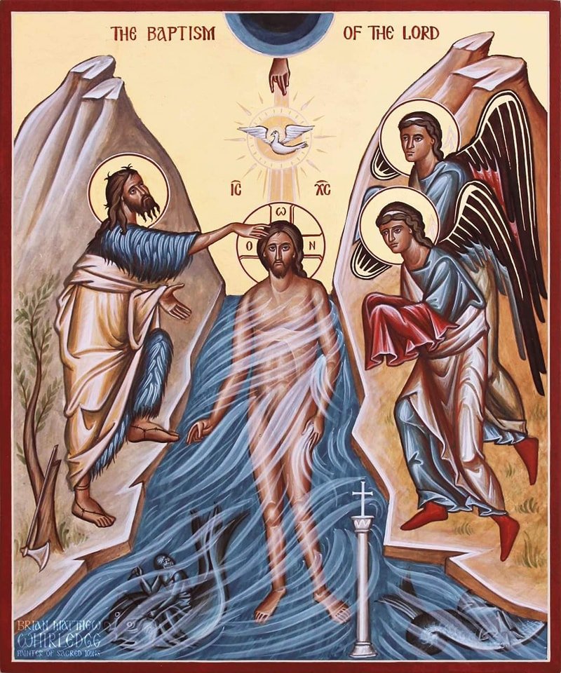 The Baptism of the Lord. Egg tempera and gold on panel. 10x12&quot; 2021.
.
When You, O Lord were baptized in the Jordan, the worship of the Trinity was made manifest. For the voice of the Father bore witness to You, and called You His beloved Son. A