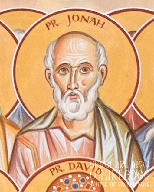 Detail from the Authors of the Holy Scriptures. Egg tempera on panel. 18x22&quot; 2024. Commissioned by Legacy Icons
.
The Holy Prophet Jonah lived in the eighth century before the birth of Christ and was a successor of the Prophet Elisha. The Book o