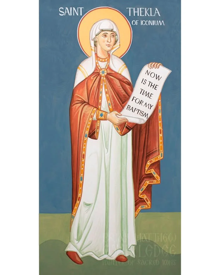 Saint Thekla. Mural at St. Elizabeth Orthodox Church, Poulsbo, WA. 2025
.
Saint Thekla was converted by the preaching of the Apostle Paul, and became his companion in ministry. She endured tortures of fire and beasts in her native Iconium and Antioch
