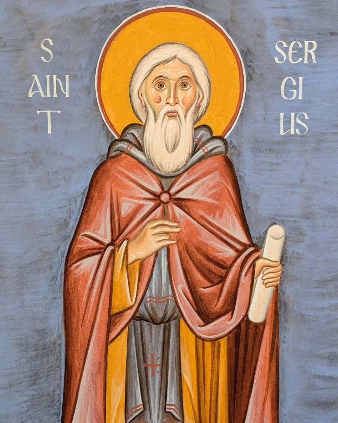 Saint Sergius of Radonezh. Mural from St. Nicholas Antiochian Orthodox Church, Urbana, IL. Approx 48&rdquo; tall.
.
Sergius was a great ascetic and light of the Russian Church. He was born in 1313 A.D., in Rostov, of devout parents, Cyril and Maria. 
