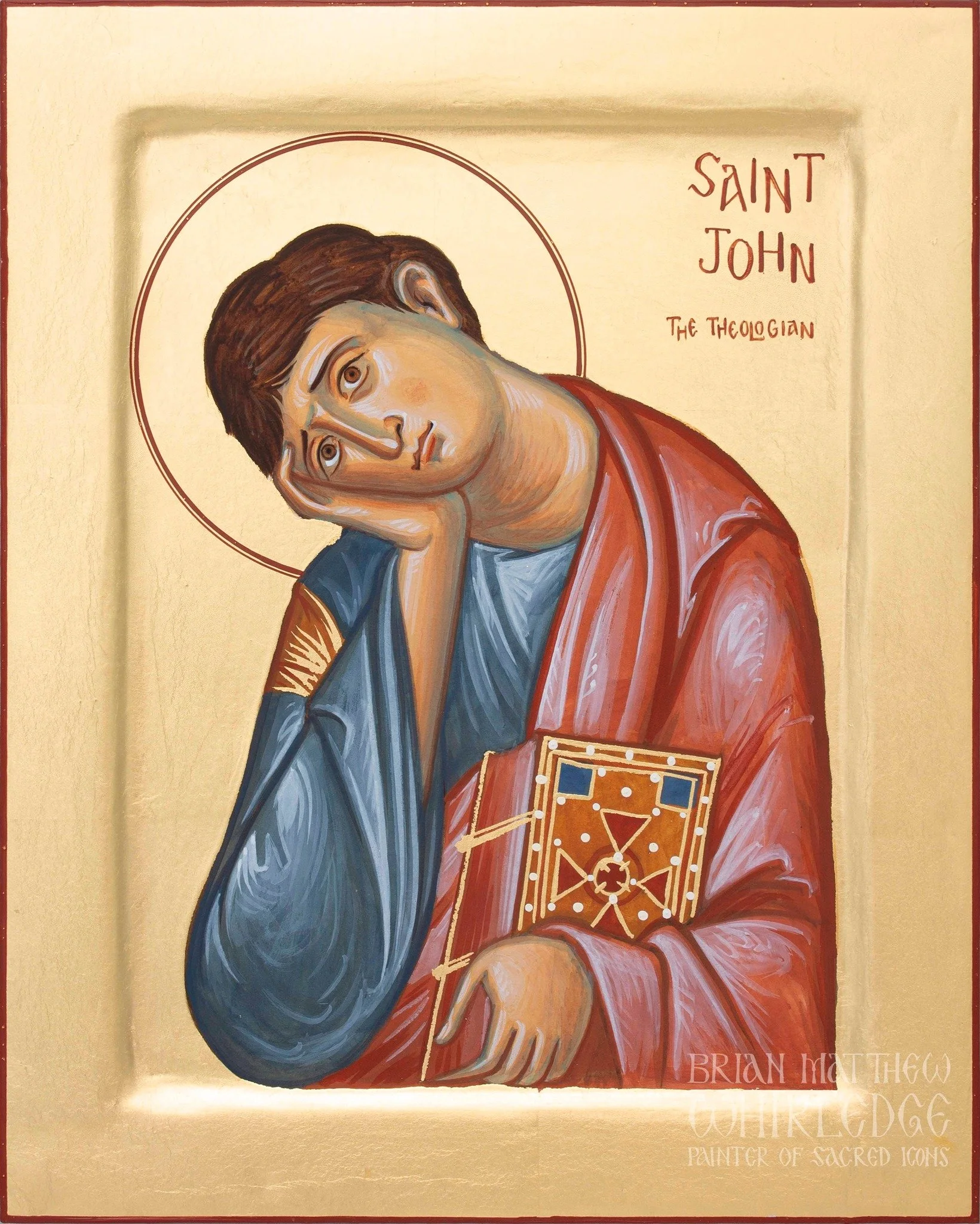 Saint John the Theologian. 2023. Egg tempera and gold on panel. 8x10&quot; 
.
John was the son of Zebedee the fisherman and Salome the daughter of Joseph, the betrothed of the Holy Theotokos. Called by the Lord Jesus, John immediately left his father
