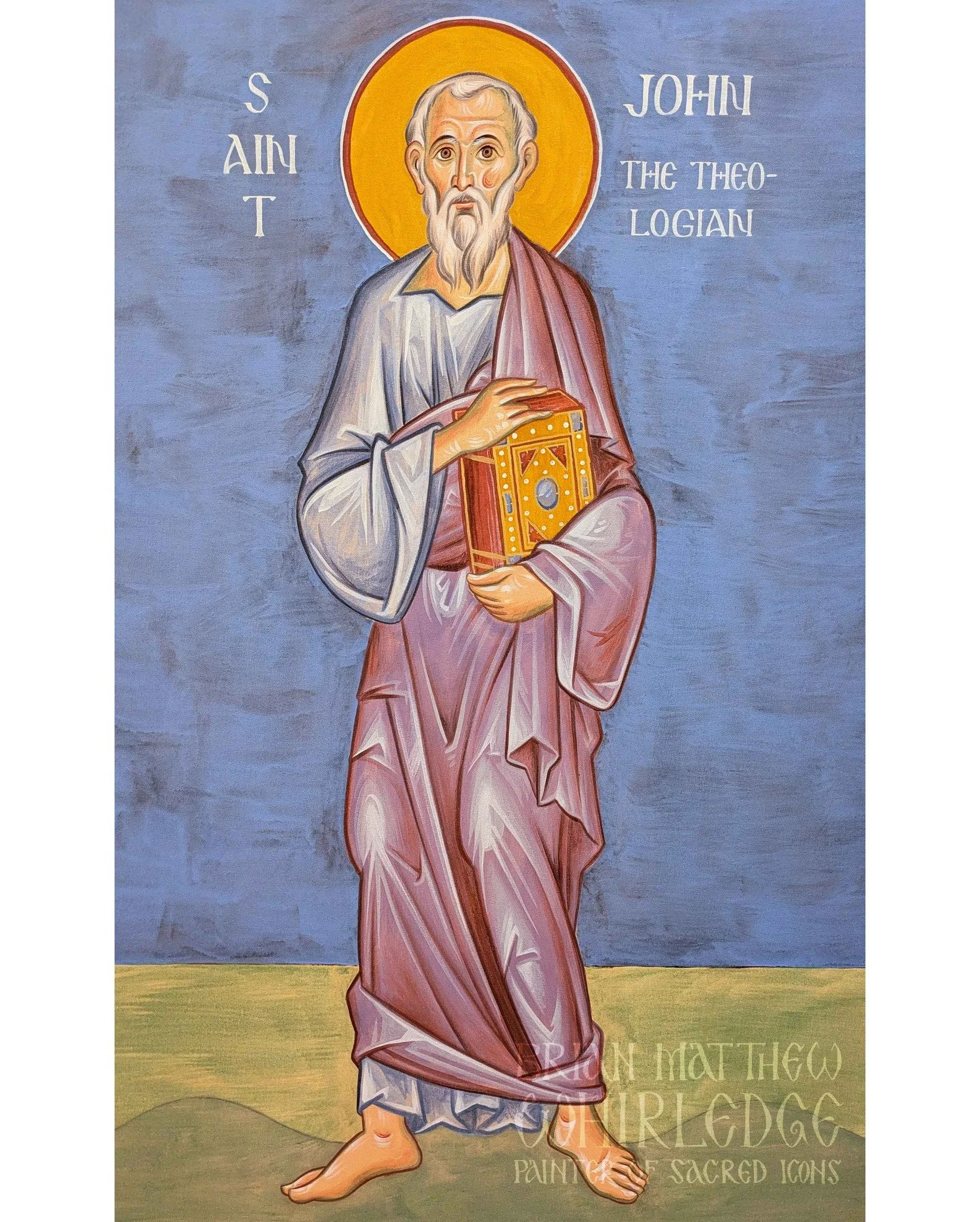 Saint John the Theologian. Mural at St. Nicholas Antiochian Orthodox Church, Urbana, IL.
.
John was the son of Zebedee the fisherman and Salome the daughter of Joseph, the betrothed of the Holy Theotokos. Called by the Lord Jesus, John immediately le