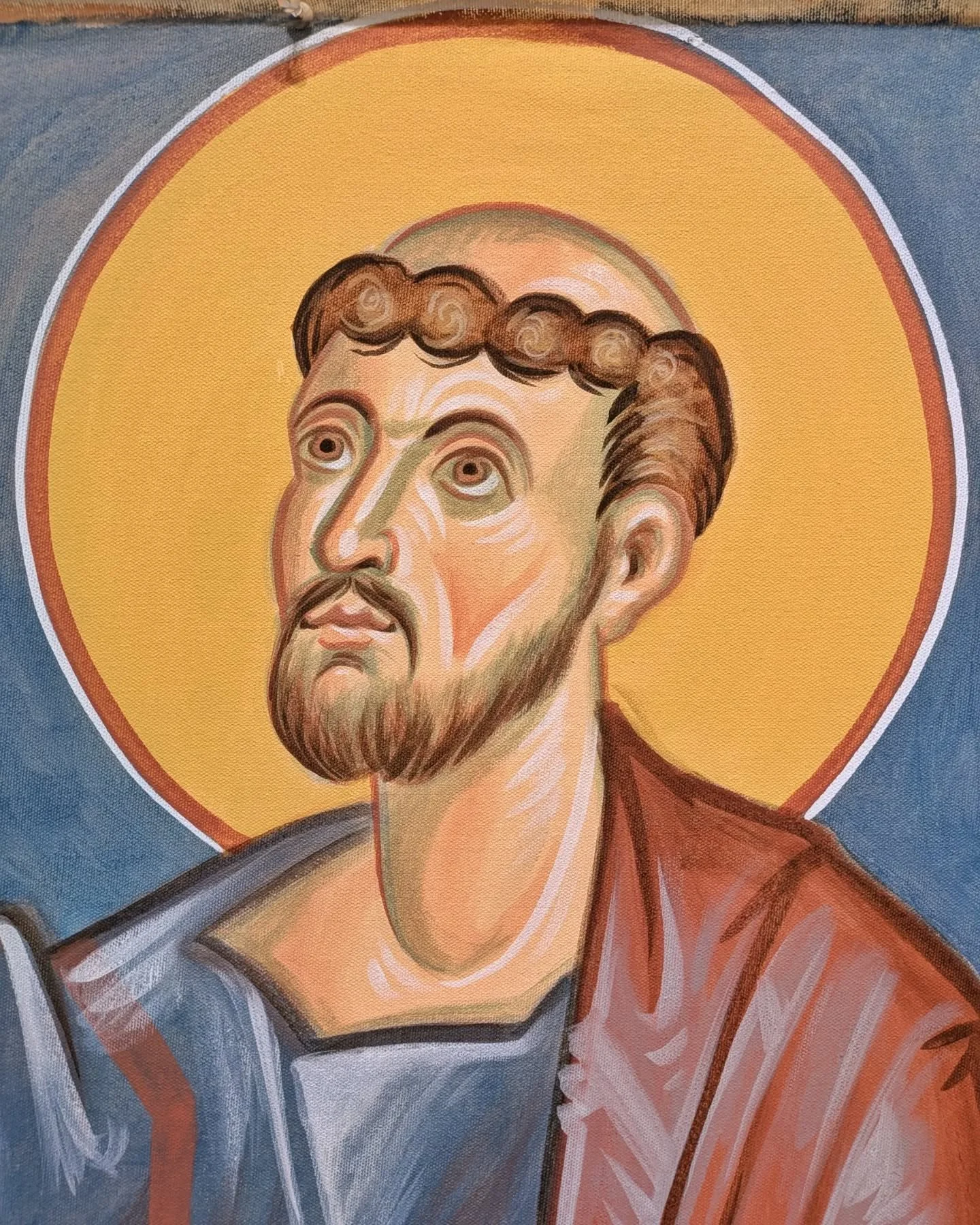 Apostle and Evangelist Luke. Detail from my most recent mural of the Ascension of the Lord.
.
Luke was born in Antioch. In his youth, he excelled in his studies of Greek philosophy, medicine and art. During the ministry of the Lord Jesus on earth, Lu