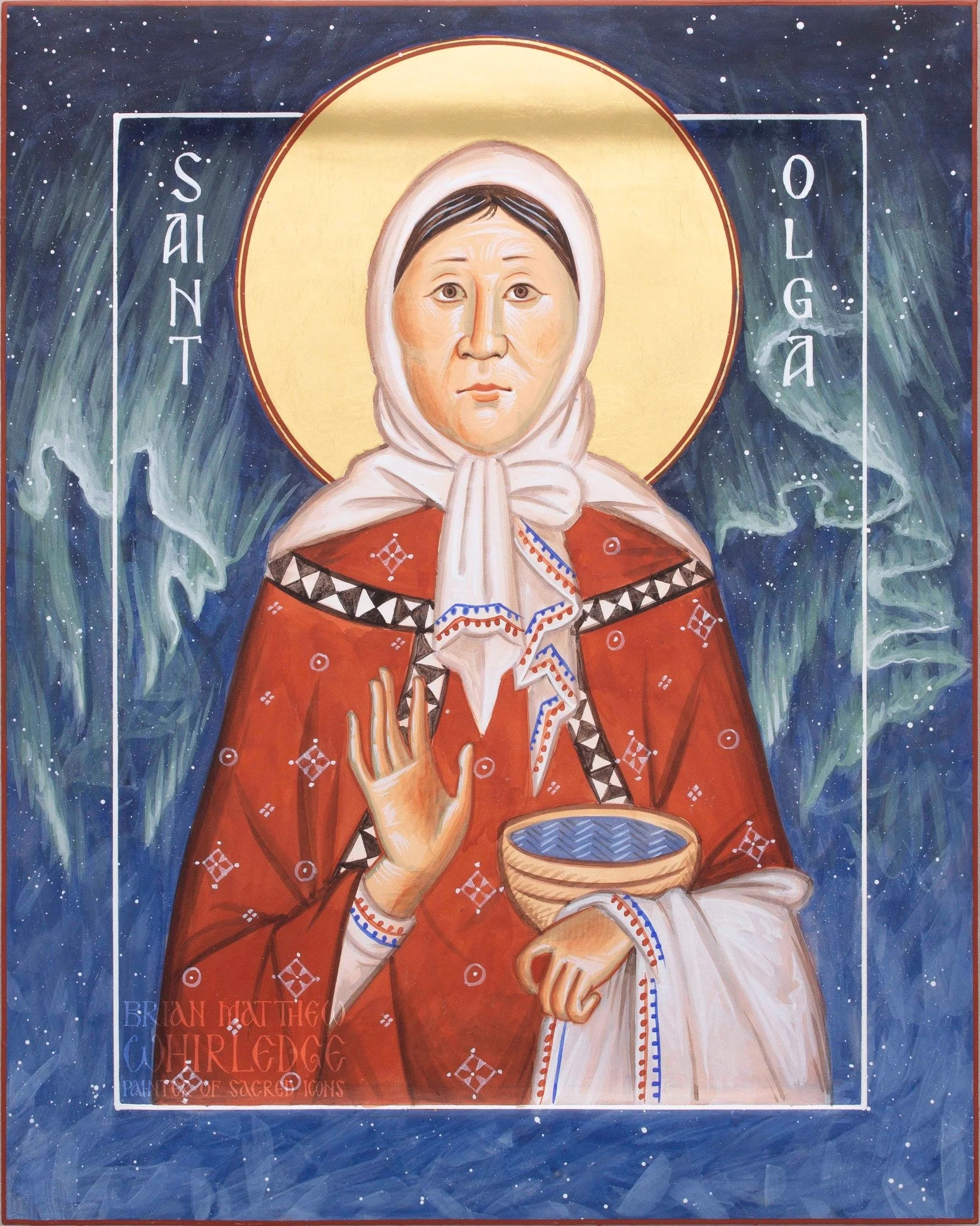 Saint Olga (Arrsamquq) of Alaska. 8x10&rdquo; Egg tempera and gold on panel. 2024.
.
Matushka Olga Michael was a Native Alaskan Yup'ik.  She is the first North American woman and first Yup'ik person glorified as a saint by the Orthodox Church. Her hu