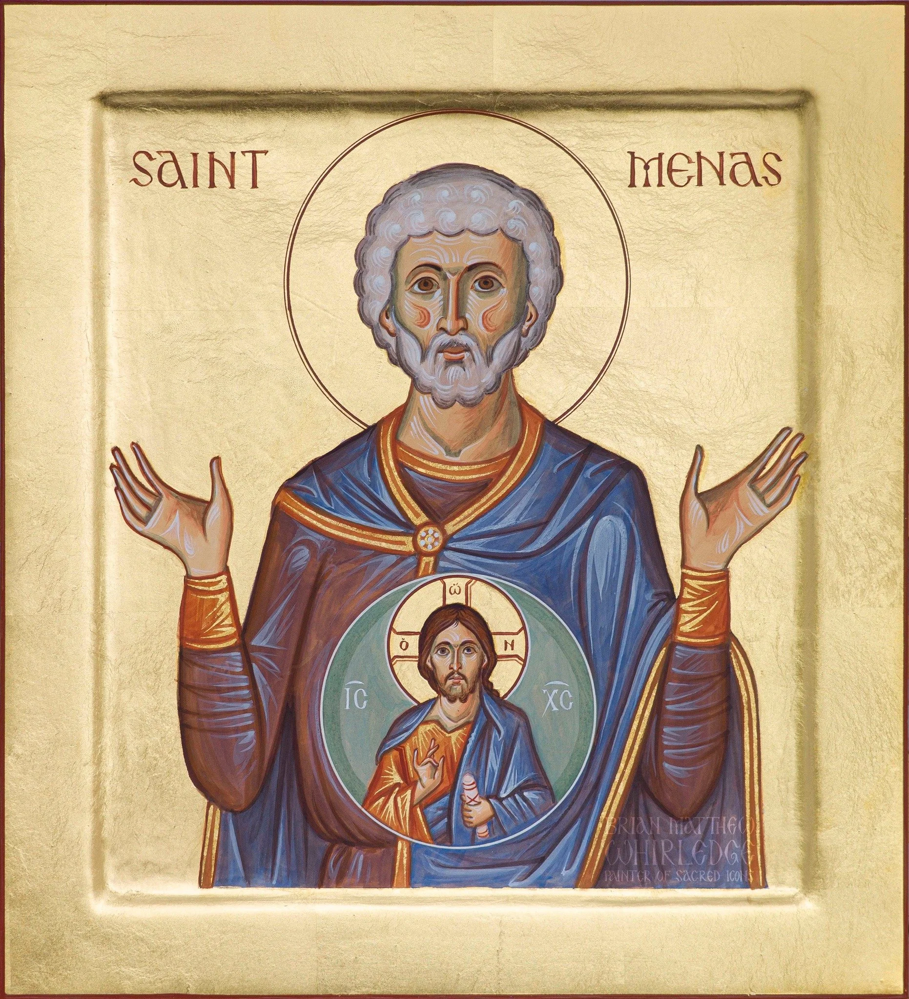 The Holy Great-Martyr Menas. Egg tempera and gold on panel. 10x11&rdquo; 2024.
.
Menas was an Egyptian by birth and a soldier by profession. As a true Christian, he was not able to witness the abominable sacrificial offerings to the idols and left th