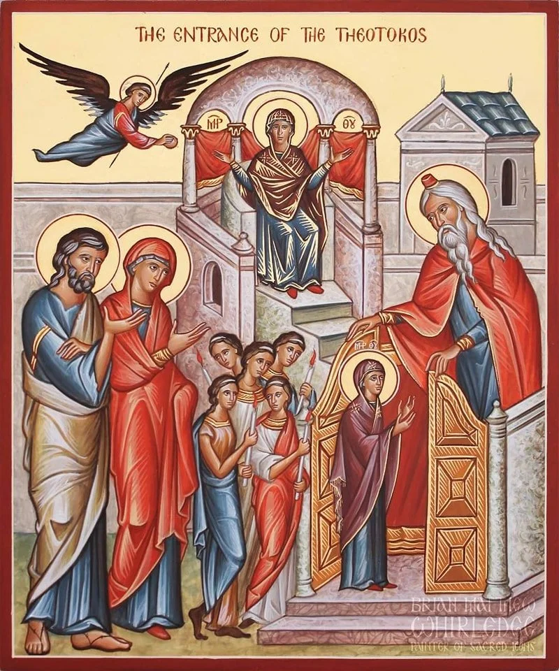 The Entrance of the Theotokos into the Temple. Egg tempera and gold on panel. 10x12&rdquo; 2020.
.
Today the Virgin is the foreshadowing of the pleasure of God, and the beginning of the preaching of the salvation of mankind. Thou hast appeared in the
