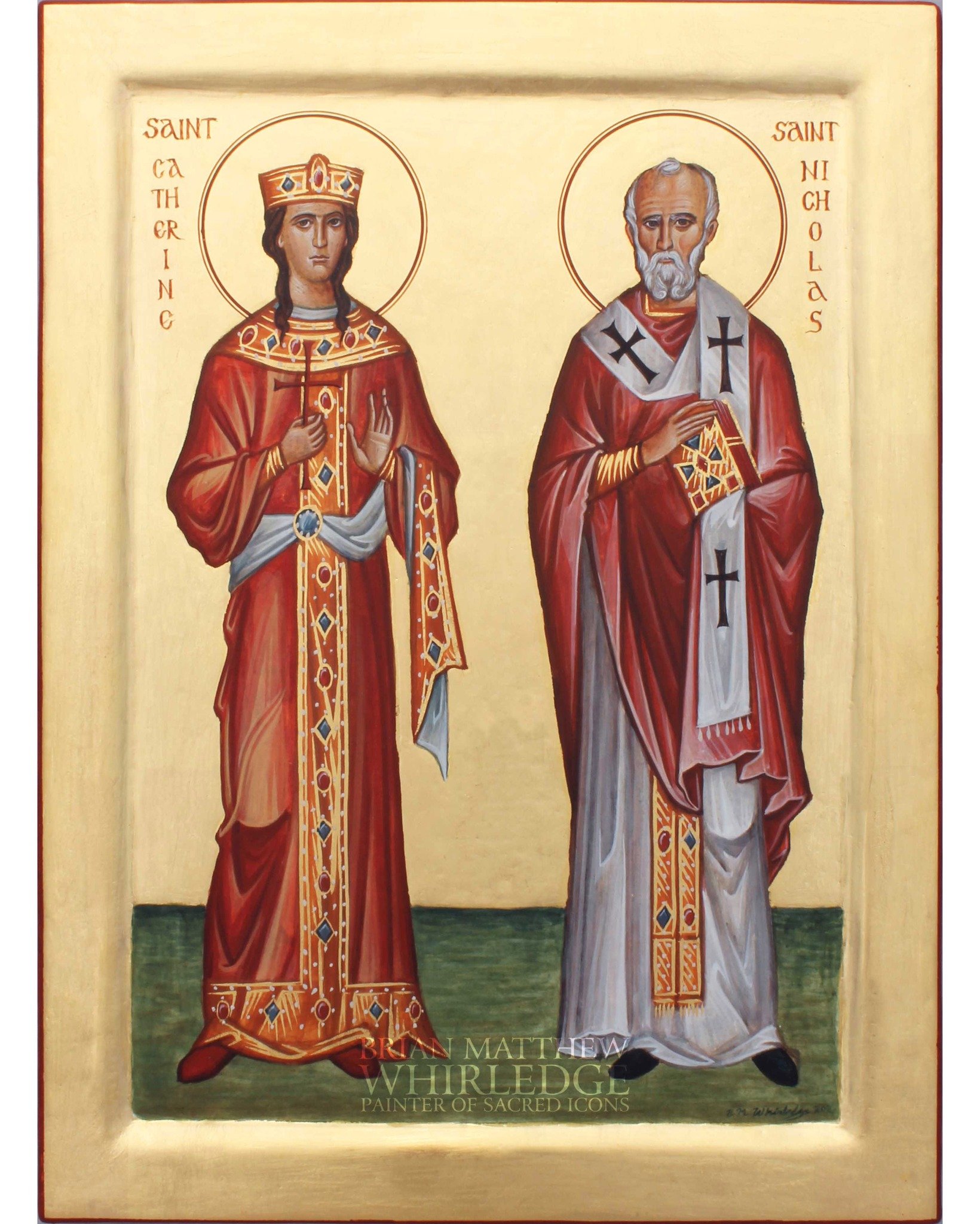 Family icon with Saints Nicholas and Catherine. (2020). Egg tempera and gold on panel. 9x12&quot;
.
Saint Catherine was born in Alexandria. A virgin with great beauty and wisdom, she was famous for her wealth, noble origin, and education. By her rema