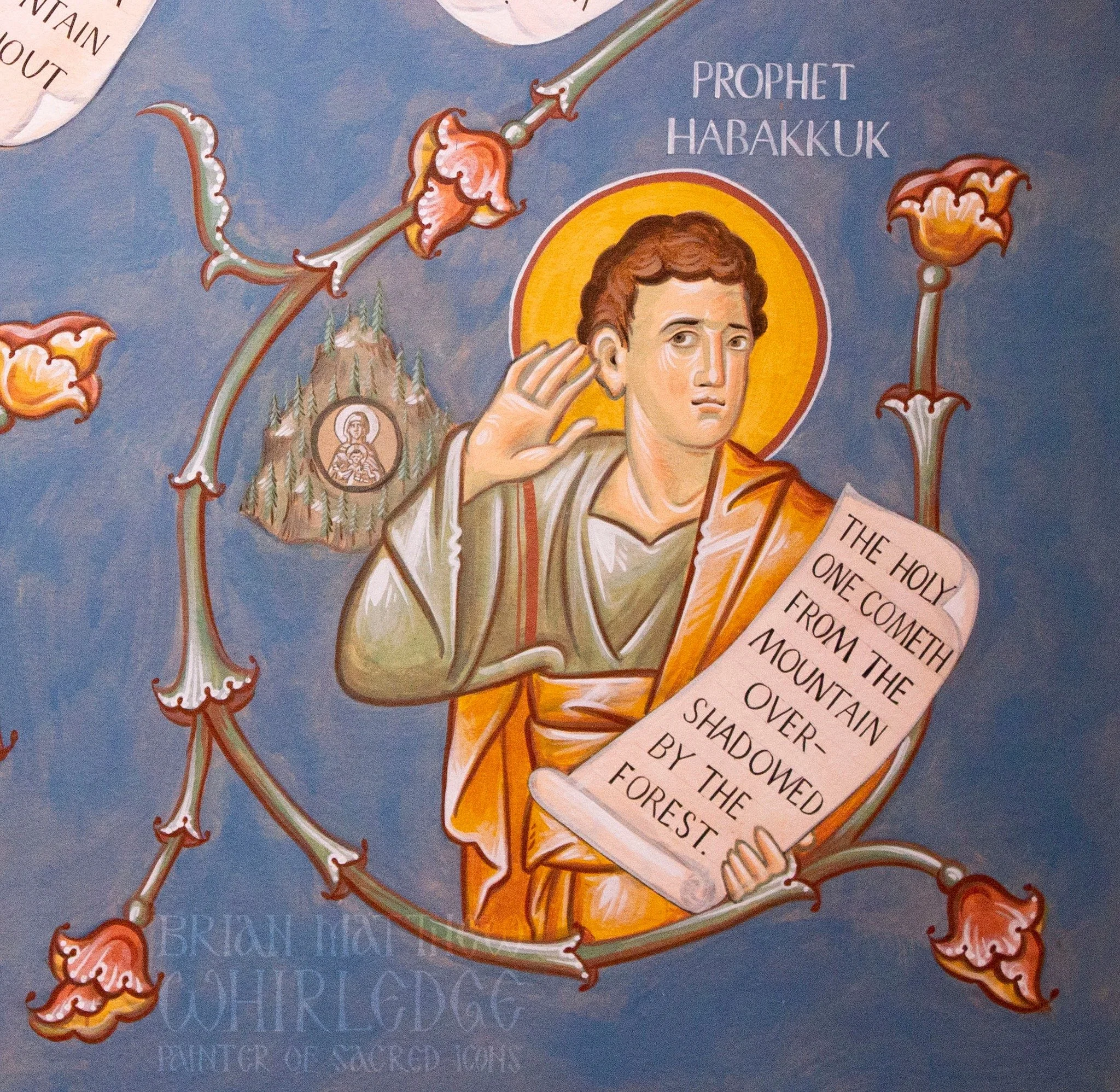 Holy Prophet Habakkuk. Wallpainting at St. Elizabeth Orthodox Church, Poulsbo, Washington, USA.
.
Habakkuk was the son of Asaphat from the tribe of Simeon. He prophesied six hundred years before Christ, during the time of King Manasseh, and foretold 