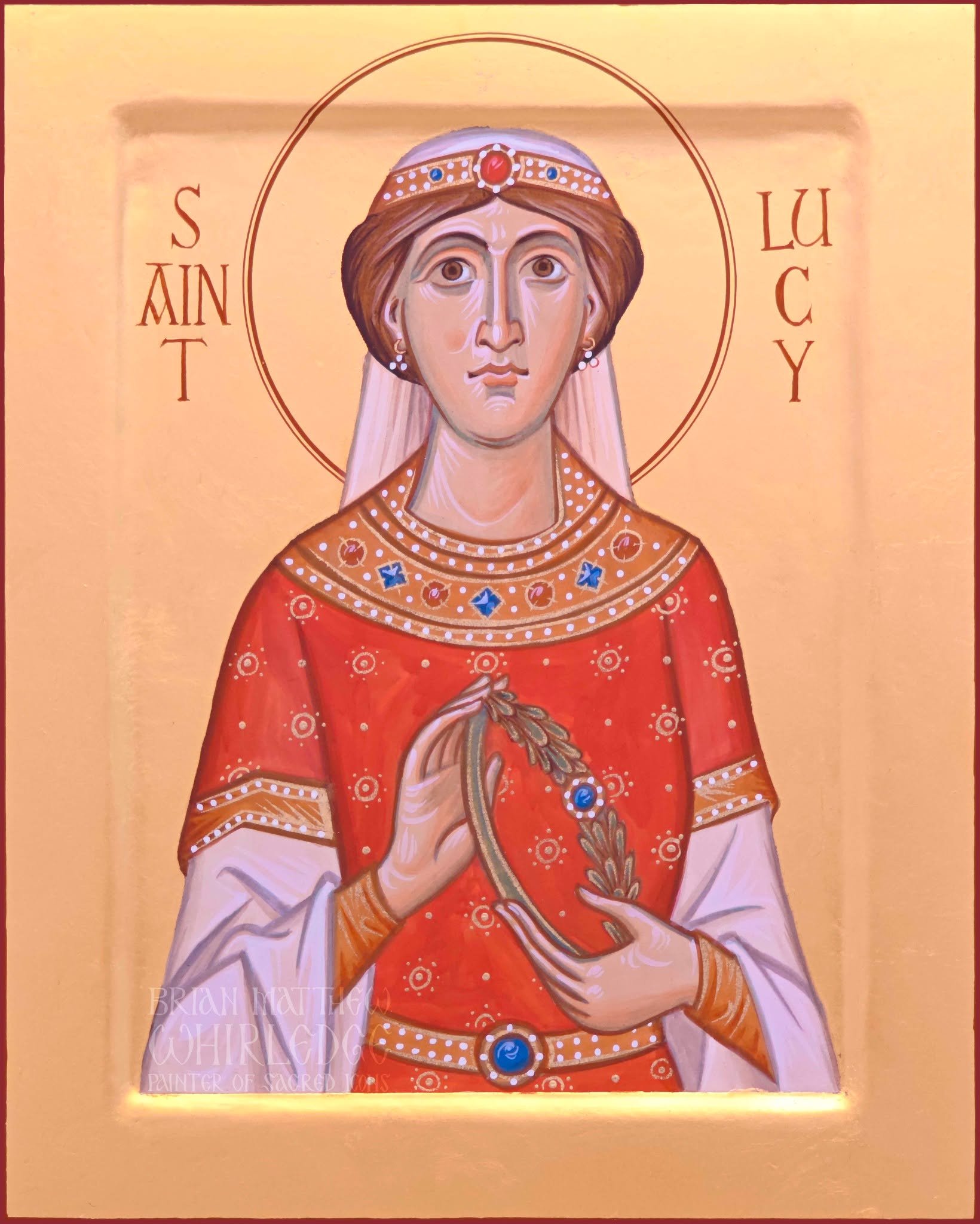 Saint Lucy. Egg tempera and gold on panel. 8x10" 2025.
.
With her mother, St. Lucy visited the grave of St. Agatha in Catania, where St. Agatha appeared to her. Her mother, who had dropsy, was then miraculously healed in the church. Lucy distrib