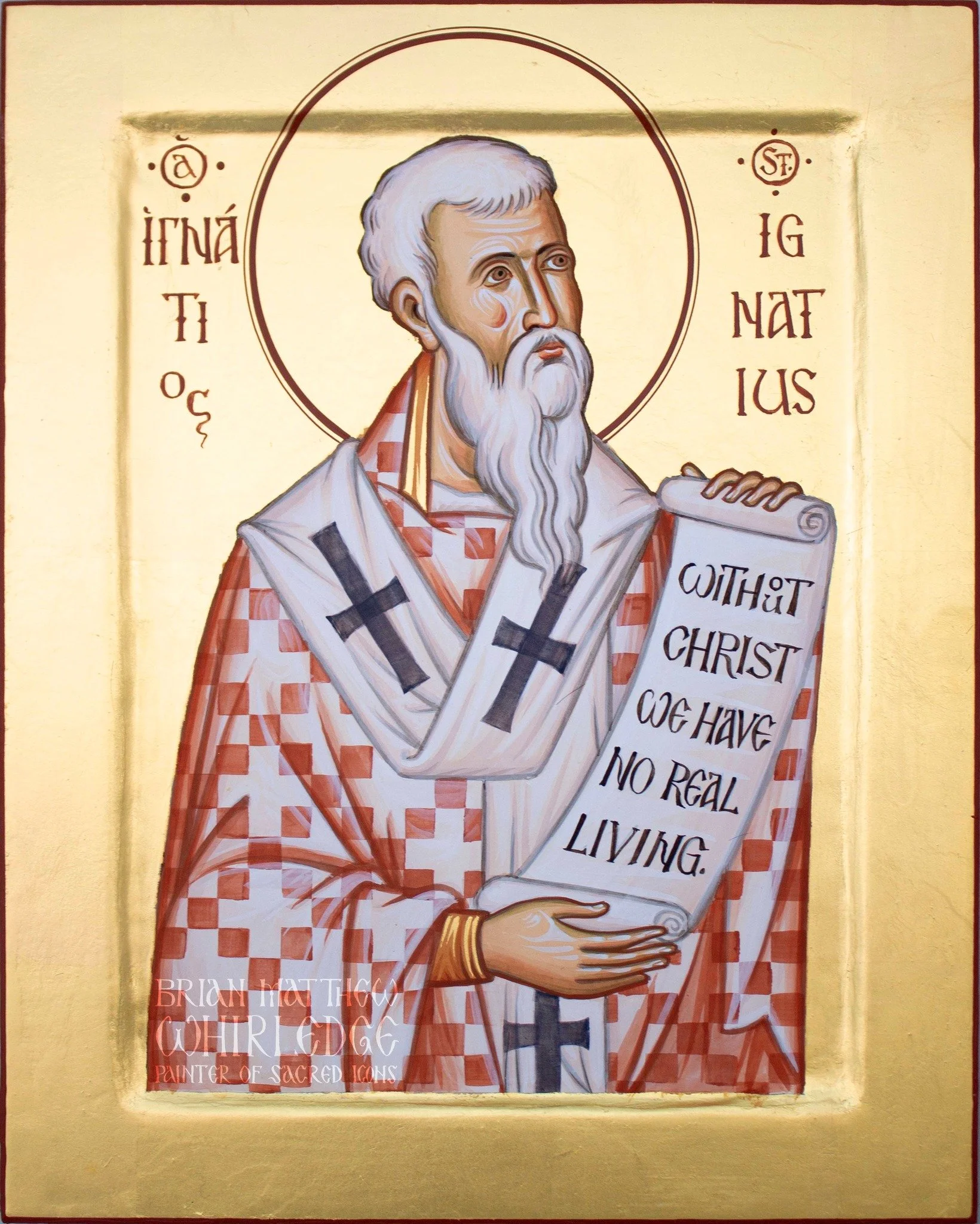 Saint Ignatius The God-Bearer of Antioch. Egg tempera &amp; gold on panel 8x10" 2024
.
This holy man is called "the God-bearer" because he constantly bore the name of the Living God in his heart and on his lips. He was thus named becau