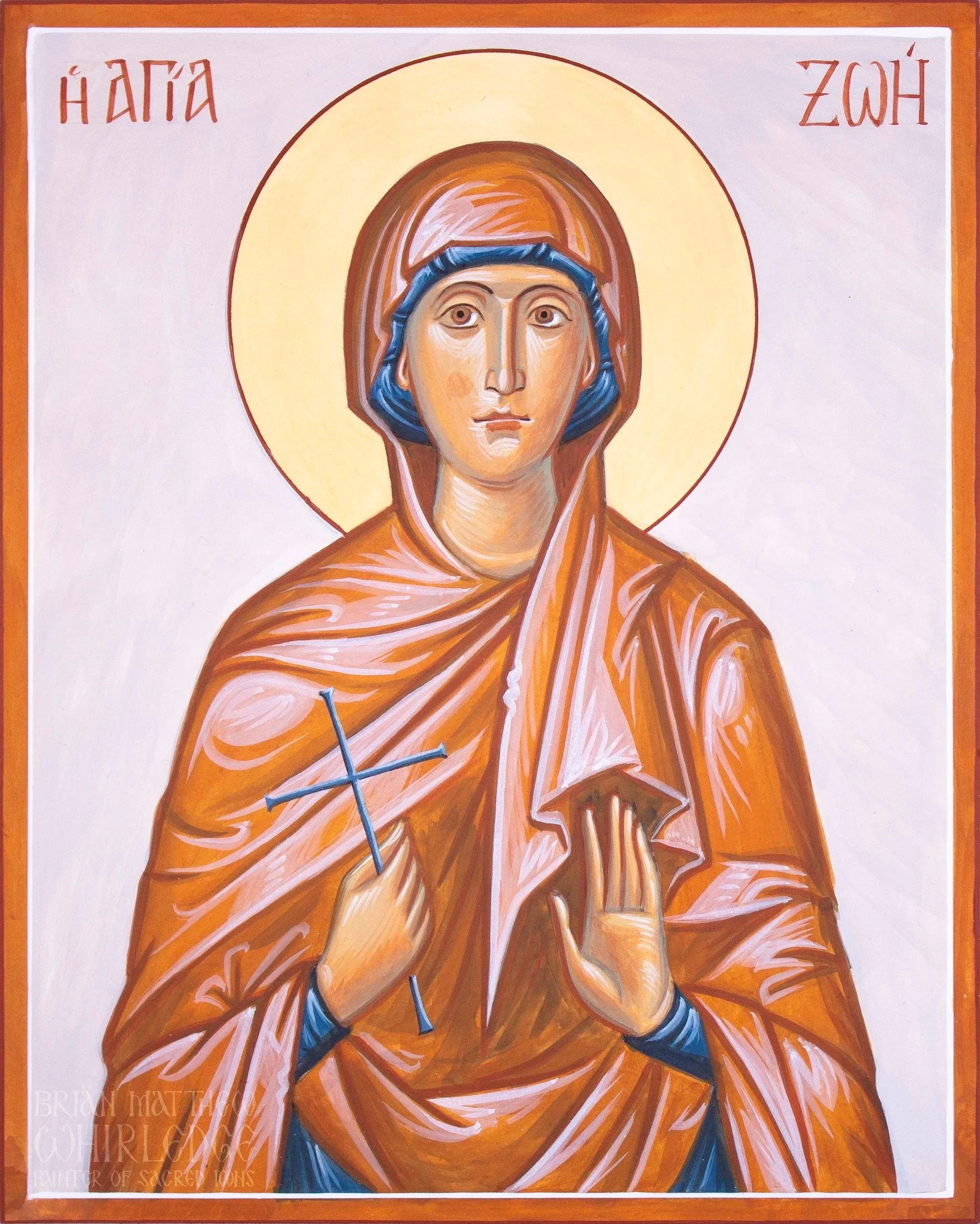 Saint Zoe of Rome. Egg tempera on panel. 8x10". 2022.
.
Saint Zoe was the wife of Saint Sebastian&rsquo;s jailer in Rome. She could not speak for six years, and was healed by the imprisoned saint. She was baptized along with her husband, househo