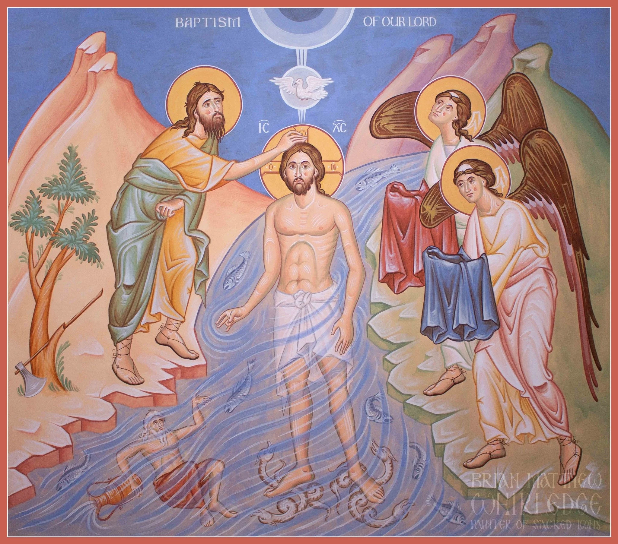 The Baptism of the Lord. Mural at St. Nicholas Antiochian Orthodox Church, Urbana, IL. 2025. 8'x9'
.
When You, O Lord were baptized in the Jordan, the worship of the Trinity was made manifest. For the voice of the Father bore witness to You, and call