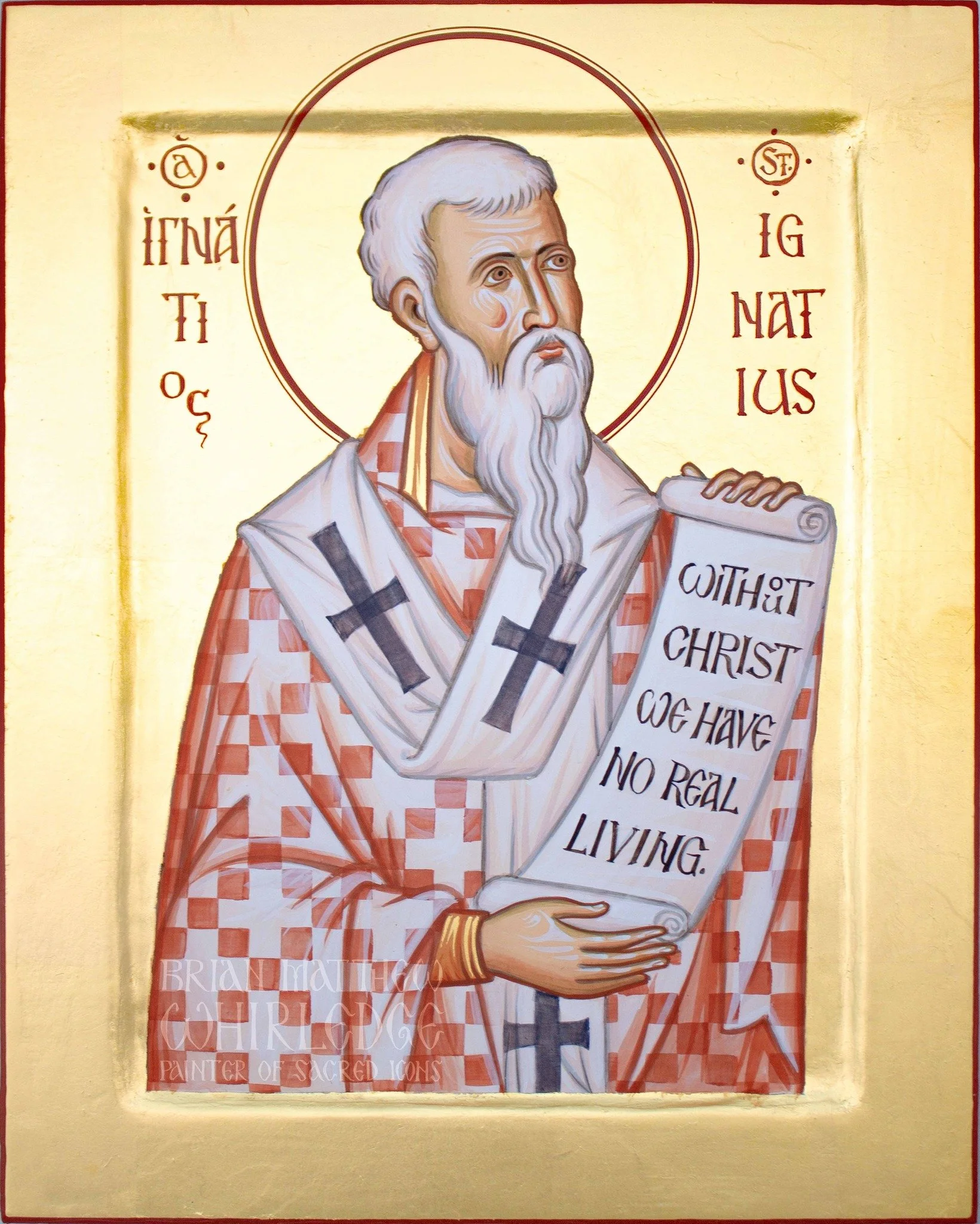 Saint Ignatius The God-Bearer of Antioch. Egg tempera &amp; gold on panel 8x10" 2024
.
This holy man is called "the God-bearer" because he constantly bore the name of the Living God in his heart and on his lips. He was thus named becau