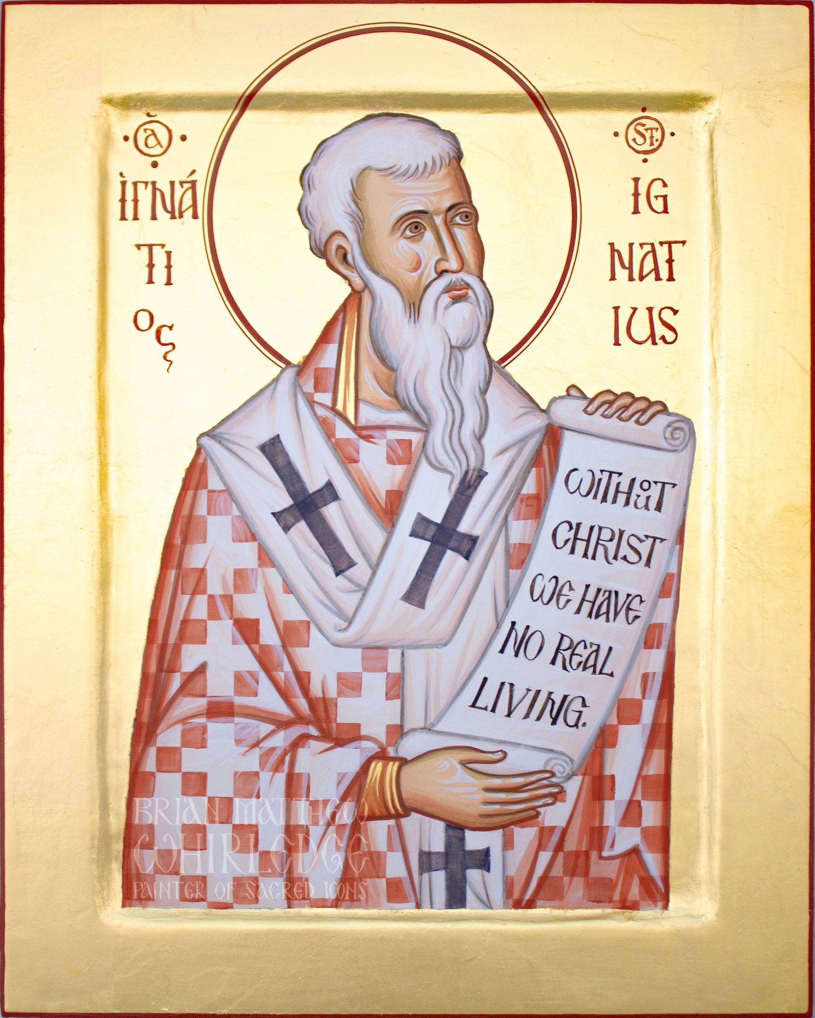 Saint Ignatius The God-Bearer of Antioch. Egg tempera &amp; gold on panel 8x10" 2024
.
This holy man is called "the God-bearer" because he constantly bore the name of the Living God in his heart and on his lips. He was thus named becau