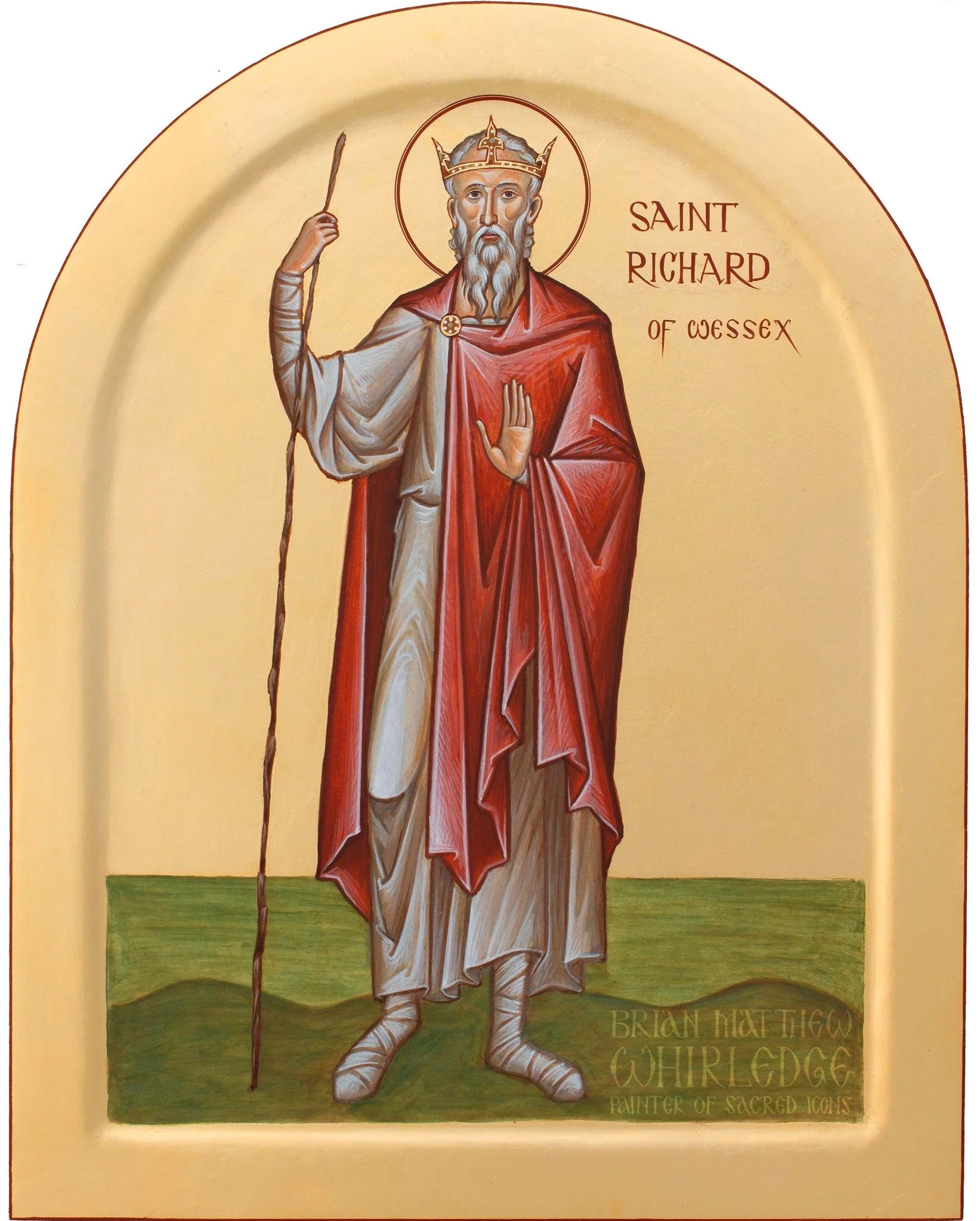 Saint Richard of Wessex. Egg tempera and gold on panel. 11x14" 2022
.
Saint Richard was the king of Wessex, who left his throne and laid aside scepter to pick up a simple pilgrim's staff and begin a pilgrimage to Jerusalem with his three saintly