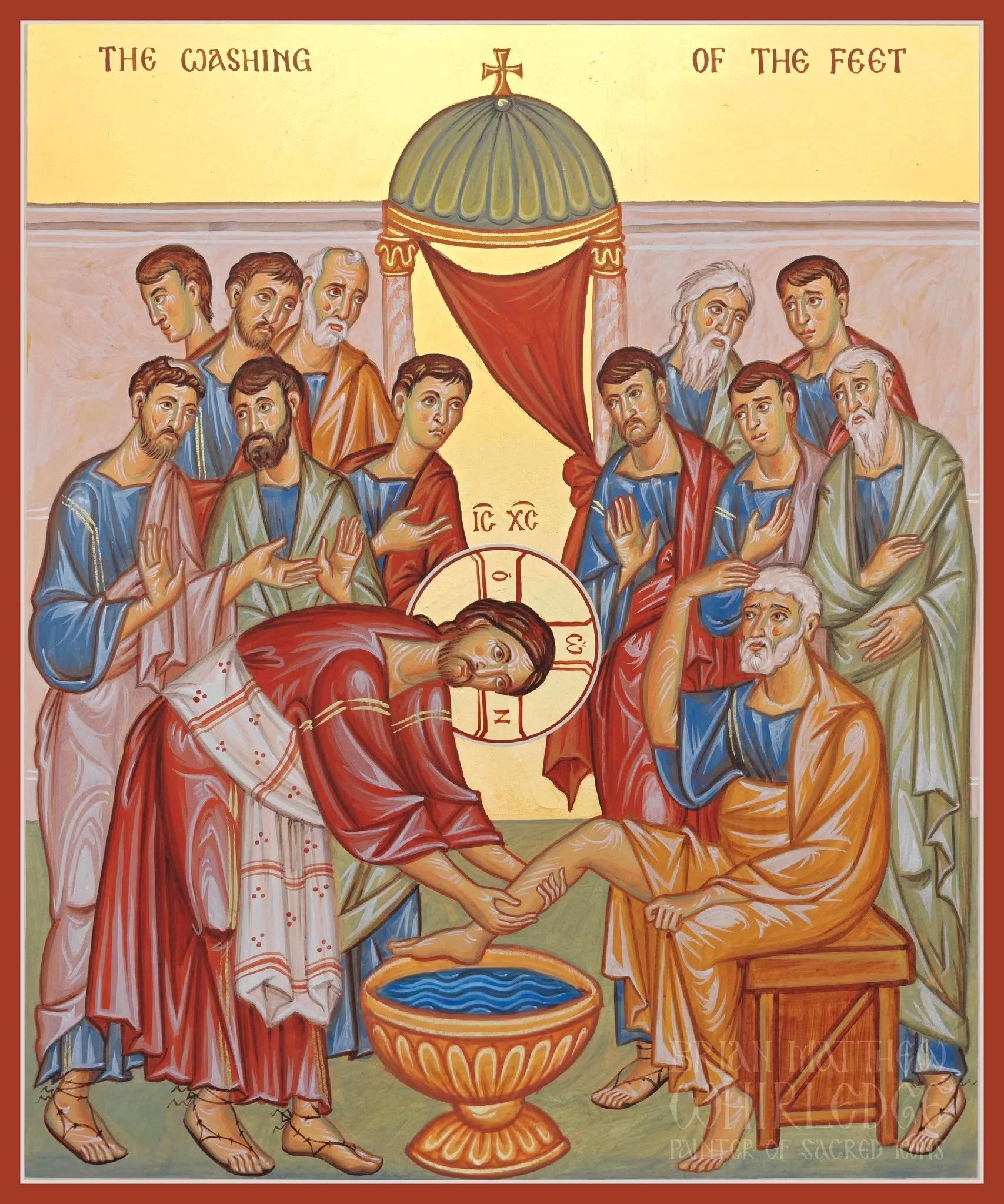 The Lord Washing His Disciples' Feet. Egg tempera and gold on panel. 2026. 10x12"
.
When the glorious disciples were enlightened at the washing of their feet before the supper, the impious Judas was darkened by the disease of avarice, and to the