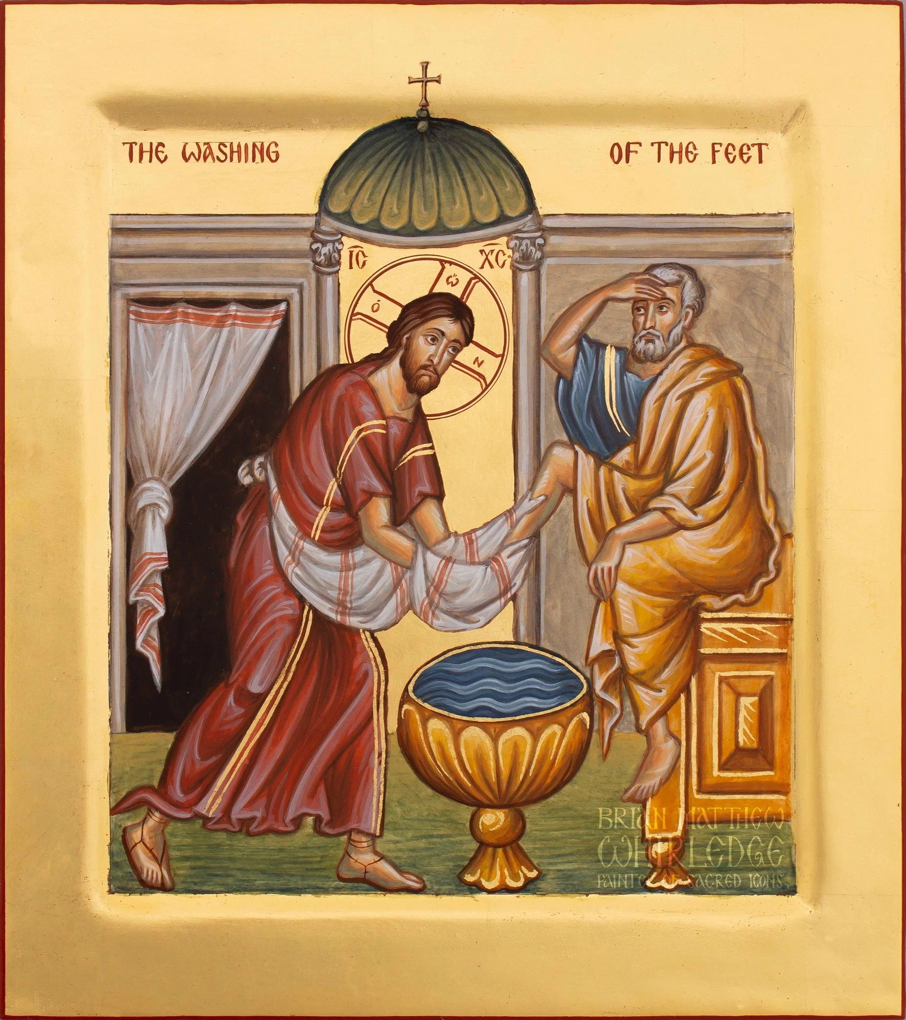 The Lord Washing His Disciples' Feet. Egg tempera and gold on panel. 2021. 8x9"
.
When the glorious disciples were enlightened at the washing of their feet before the supper, the impious Judas was darkened by the disease of avarice, and to the l