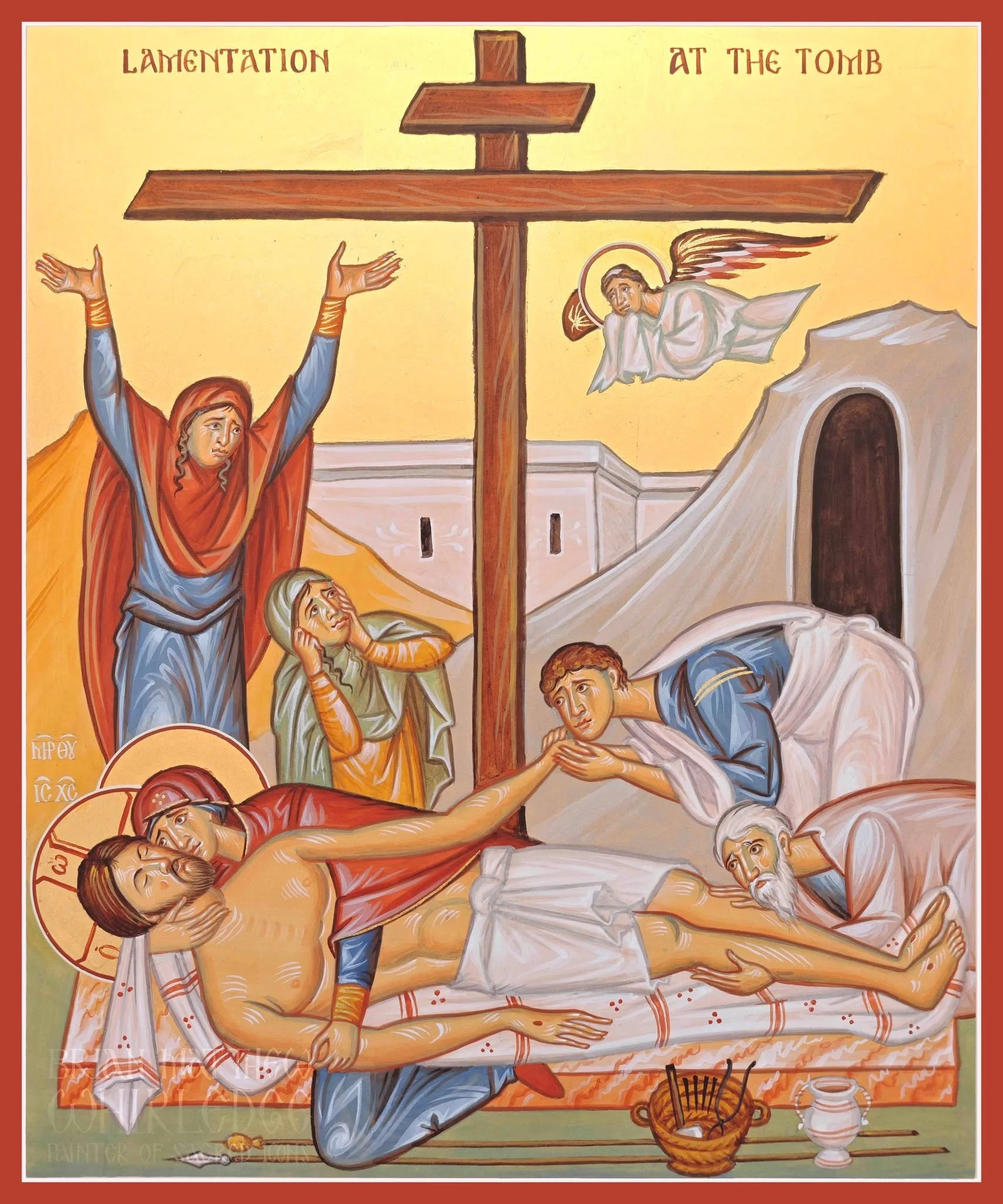 The Lamentation at the Tomb. 10x12" Egg tempera and gold on panel. 2026.
.
On Saturday, the high priests and Pharisees gathered together before Pilate and asked him to have Jesus&rsquo; tomb sealed until the third day; because, as those enemies 