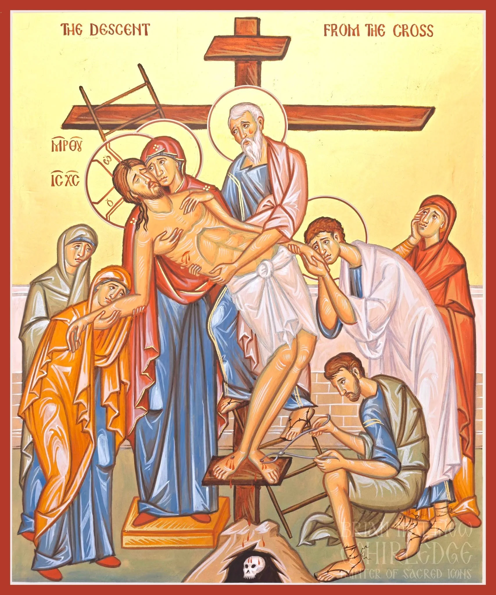 The Descent from the Cross. 10x12" Egg tempera and gold on panel. 2026.
.
	The Noble Joseph, when he had taken down Your most pure Body from the tree, wrapped it in fine linen and anointed it with spices, and placed it in a new tomb. But You ros