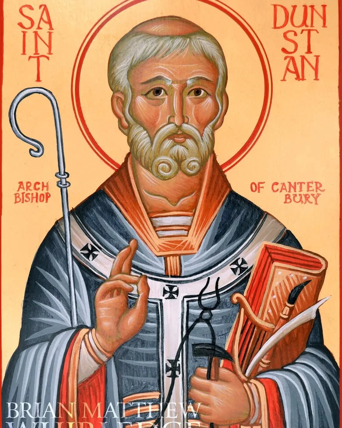 Saint Dunstan, Archbishop of Canterbury. c 9x12" Acrylic and gold on panel. 2014.
.
Saint Dunstan (+May 19, 988) was the definition of a polymath: this influential Orthodox Christian archbishop was a talented artist, musician, clergyman, and sta