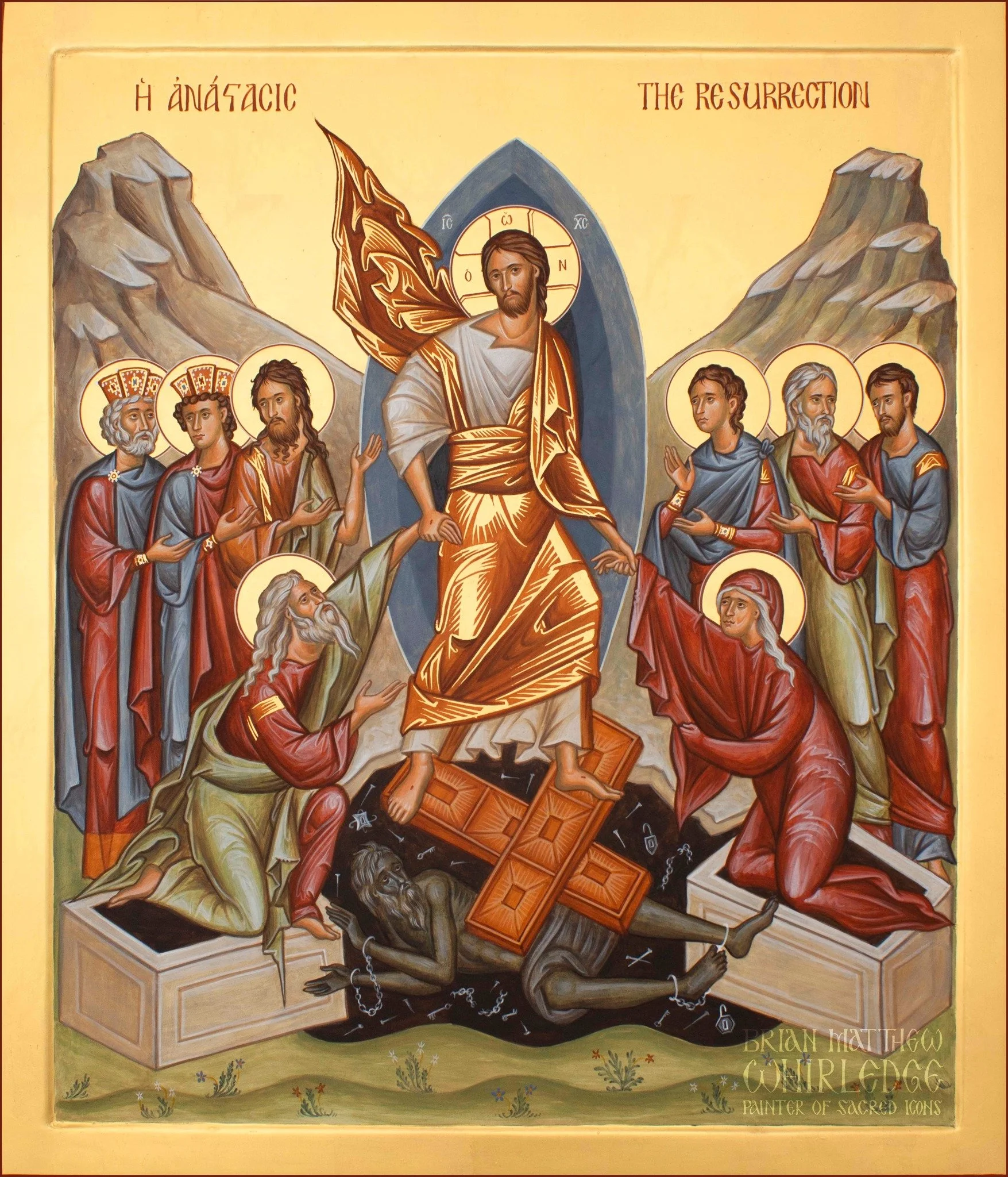 Christ is risen!
.
The Resurrection of Our Lord. 2022. Natural mineral pigments tempered in acrylic dispersion and gold on panel. 18x24"
.
Christ is risen! Truly He is risen! 
&Chi;&rho;&iota;&sigma;&tau;ὸ&sigmaf; ἀ&nu;έ&sigma;&tau;&eta;! Ἀ&lamb