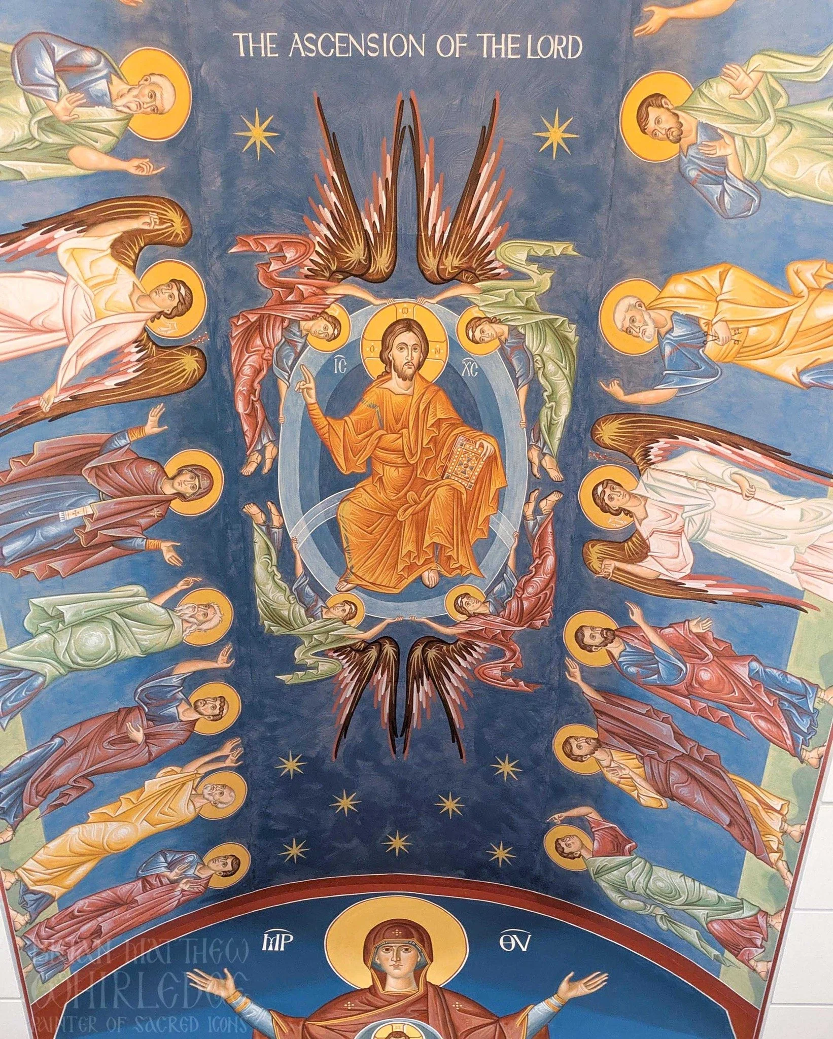 The Ascension of the Lord. Mural at St. Elizabeth Orthodox Church, Poulsbo, WA. 2025.
.
Thou hast ascended in glory, O Christ our God, and gladdened Thy Disciples with the promise of the Holy Spirit, making them confident through the blessing that Th