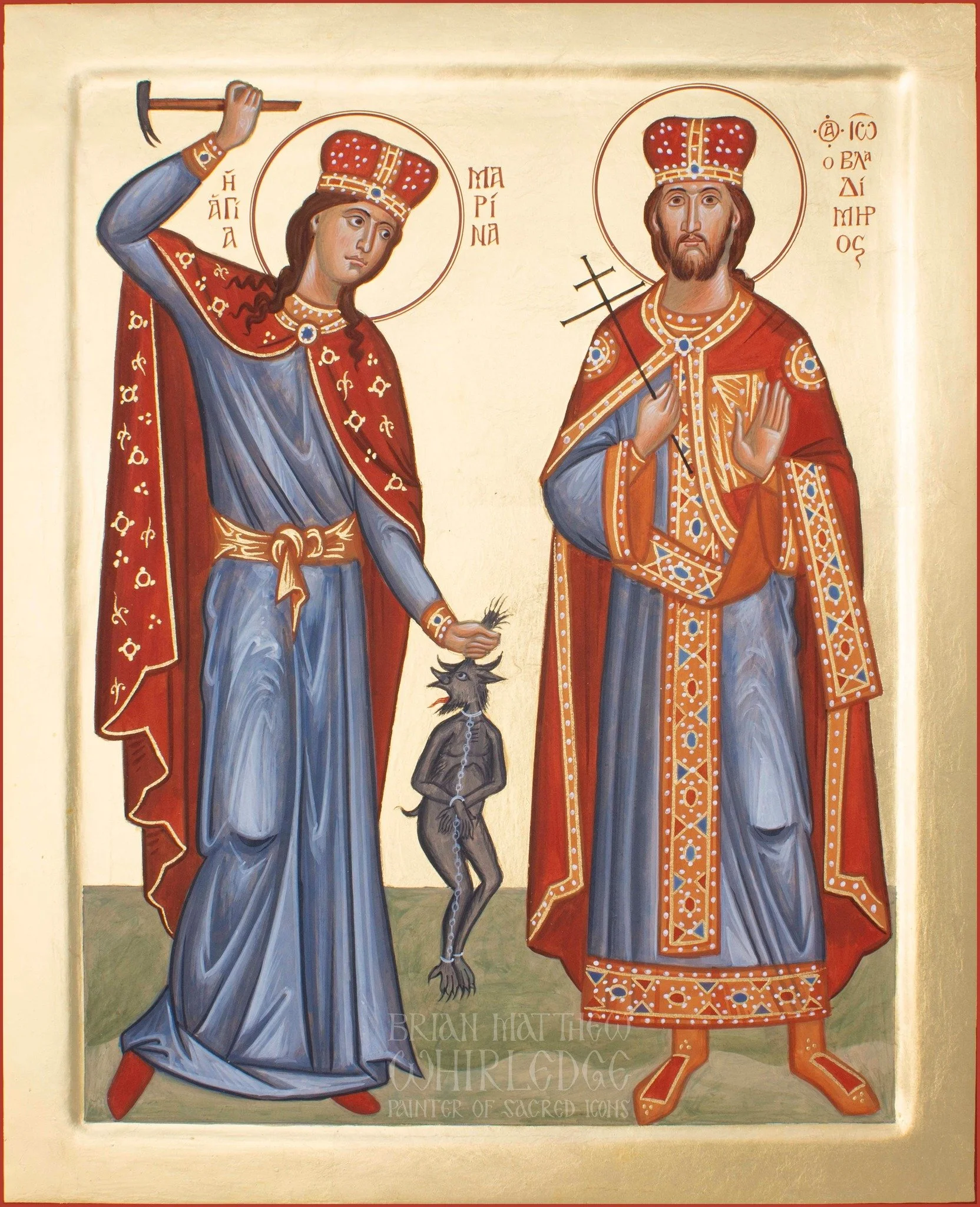 Saints Marina the Great Martyr and Saint Jovan Vladimir, Martyr and King of Serbia. Egg tempera and gold on panel. 13x16&rdquo; 2023.
.
I painted this icon by request to reference an icon on the iconostasis of the Monastery of Saint Nahum of Ohrid. T