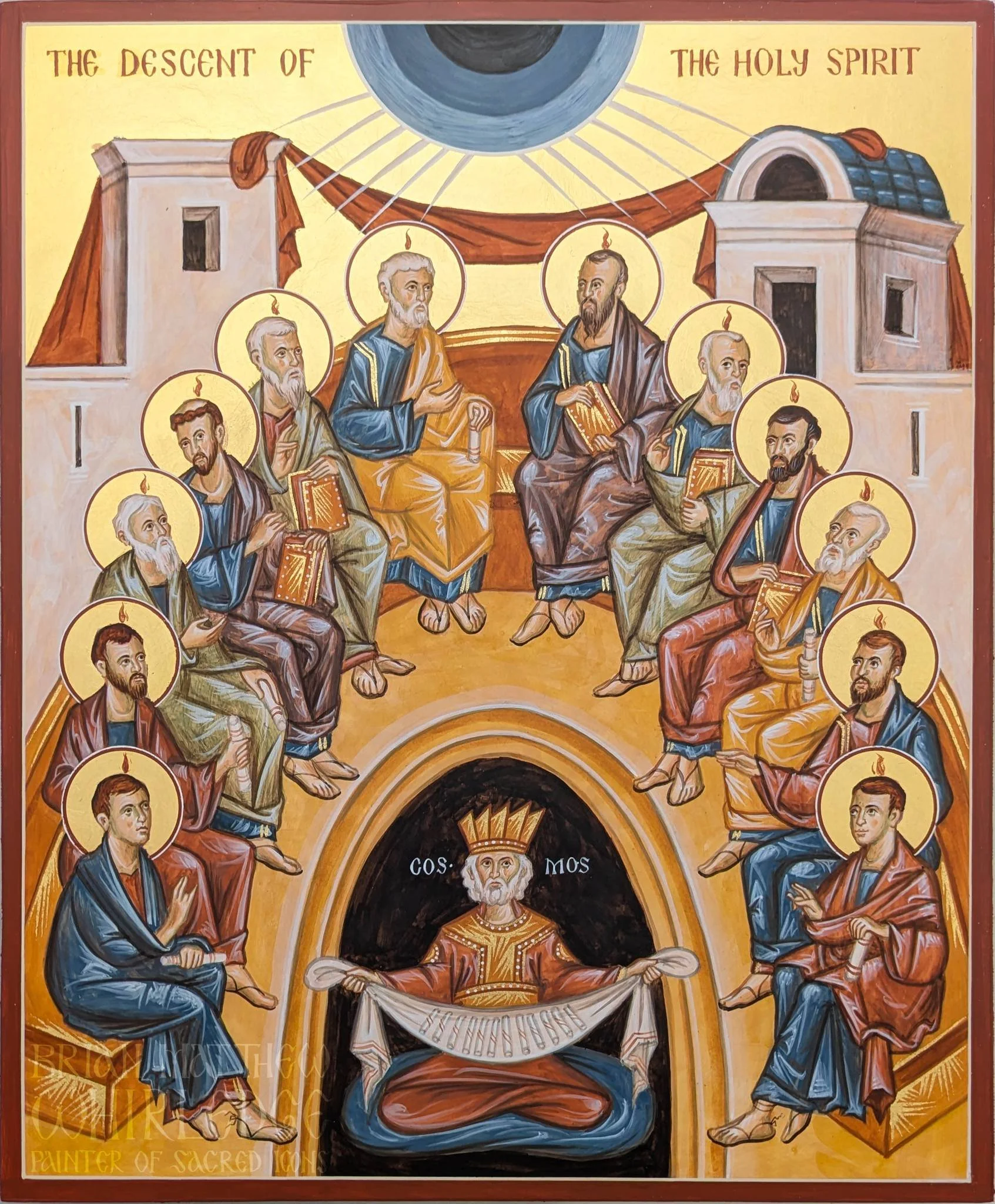 The Descent of the Holy Spirit. Egg tempera and gold on panel. 10x12&rdquo; 2024. 
.
On this day&mdash;the fiftieth after Great and Holy Pascha&mdash;we commemorate the descent of the Holy Spirit upon the holy Disciples and Apostles in the form of to