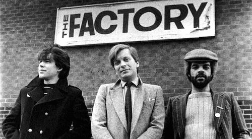 Peter Saville, Tony WIlson, and Alan Erasmus outside the Russell Club, the original location of Factory Nights, the origination of Factory Records