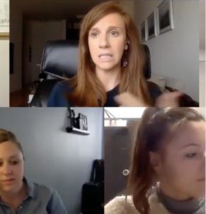 What video chatting ends up looking like. Photo of Margo Aaron chatting with co-members of the Arena.