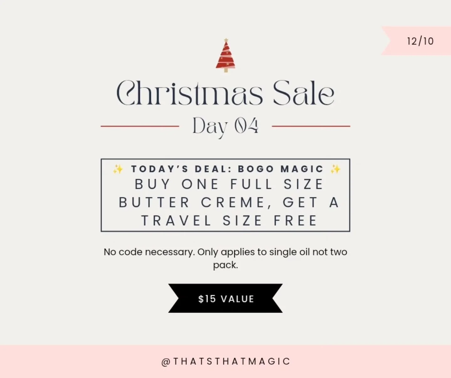 ✨ DAY 4 DEAL: BUTTER &amp; OIL BOGO ✨

Buy a full-size Butter Cr&egrave;me, get a FREE travel oil.
Mix them together for next-level glow ✨💛

✨ BENEFITS OF MIXING BUTTER CR&Egrave;ME + BODY OIL

Mixing them turns your routine into a super-glow:

🌿 1