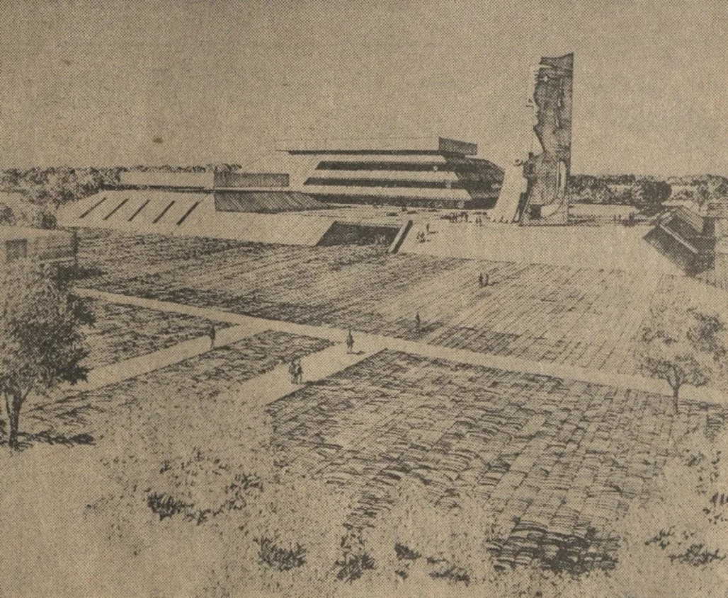 Rendering of Paul Rudolph’s building with Picasso’s sculpture. Image: USF Special Collection Library.